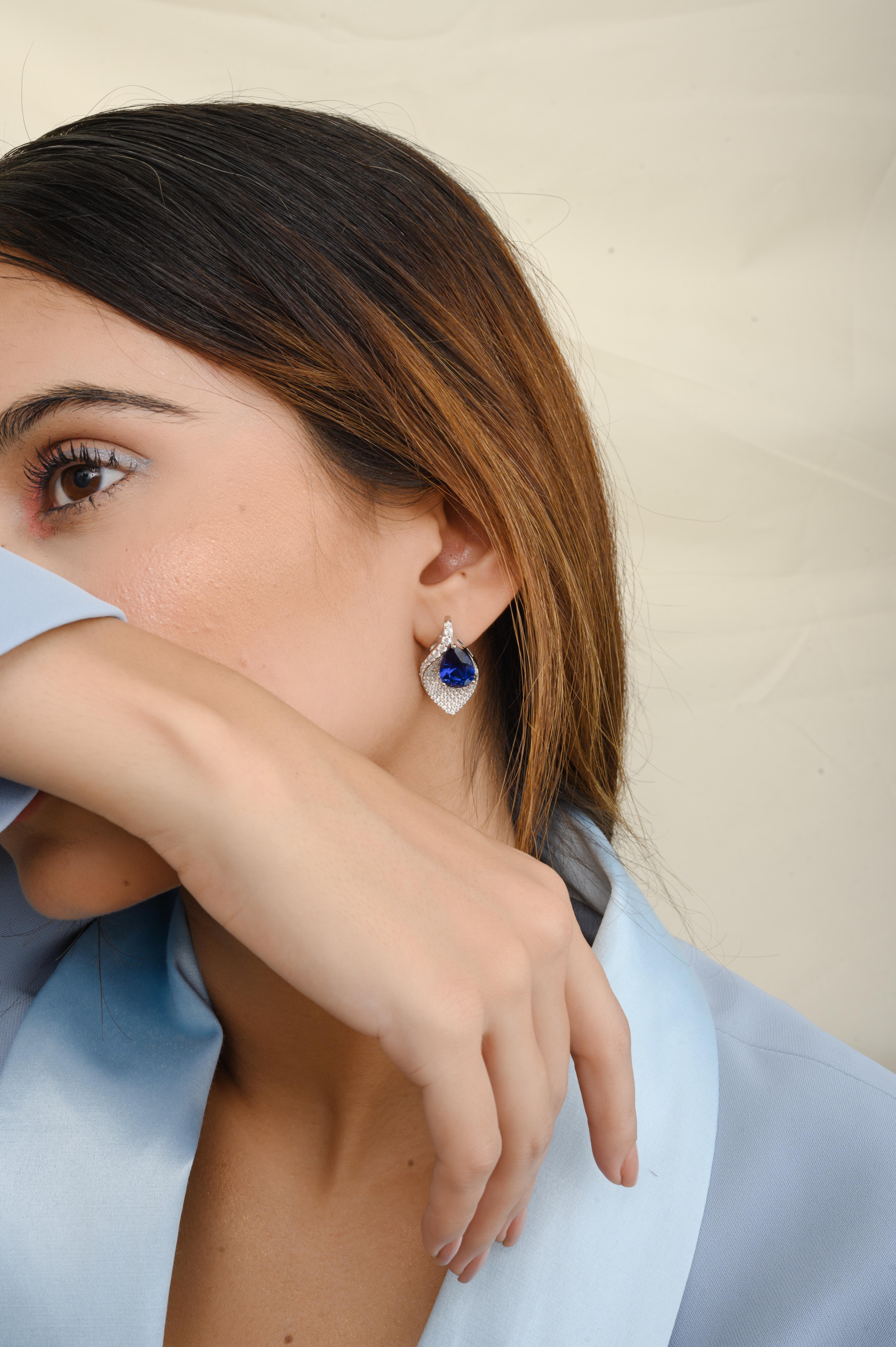 Mixed Cut CZ and Blue Pear Leaf Shape Studs Earring in 925 Sterling Silver Jeewlry for Her