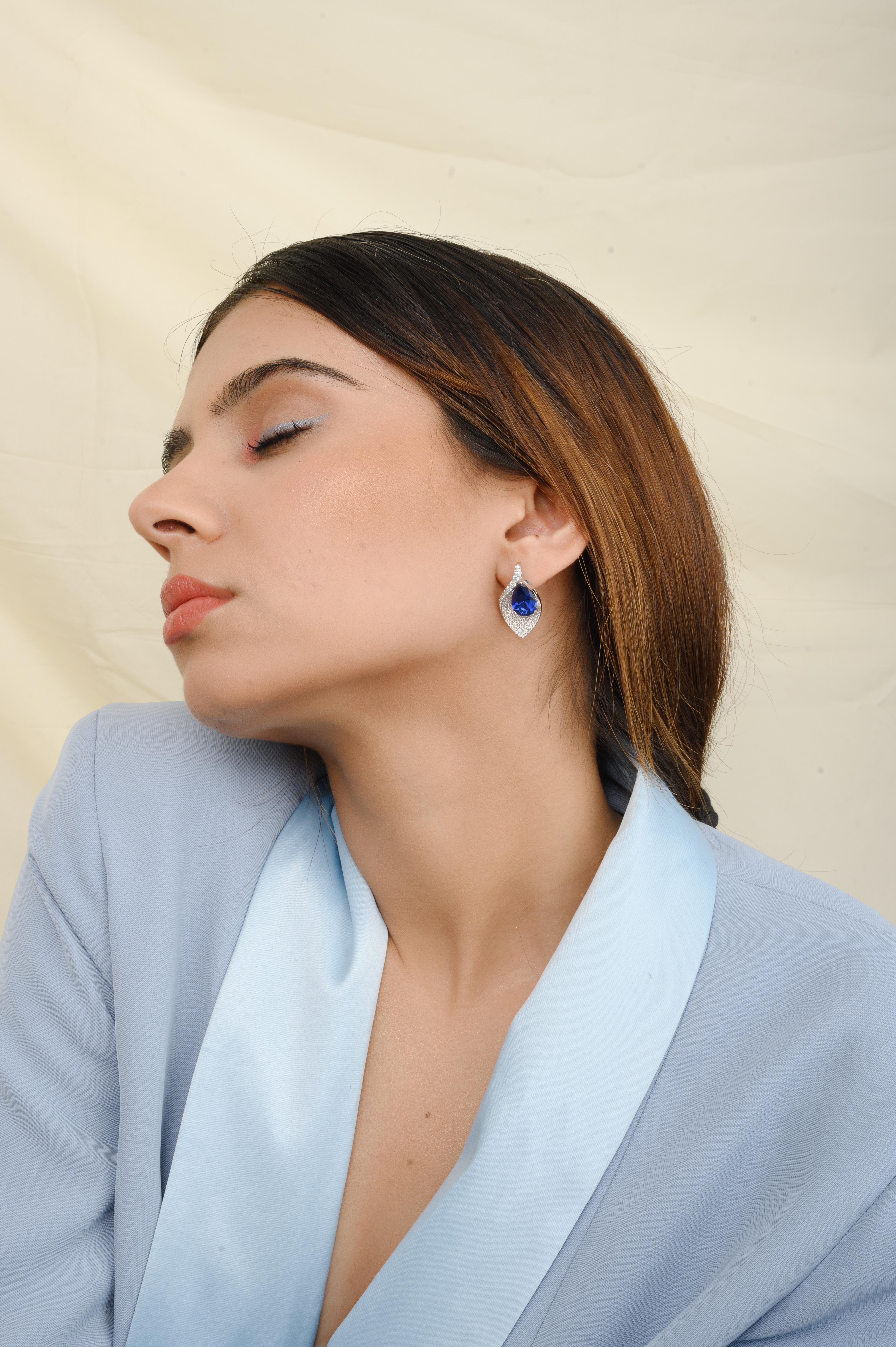 Women's CZ and Blue Pear Leaf Shape Studs Earring in 925 Sterling Silver Jeewlry for Her