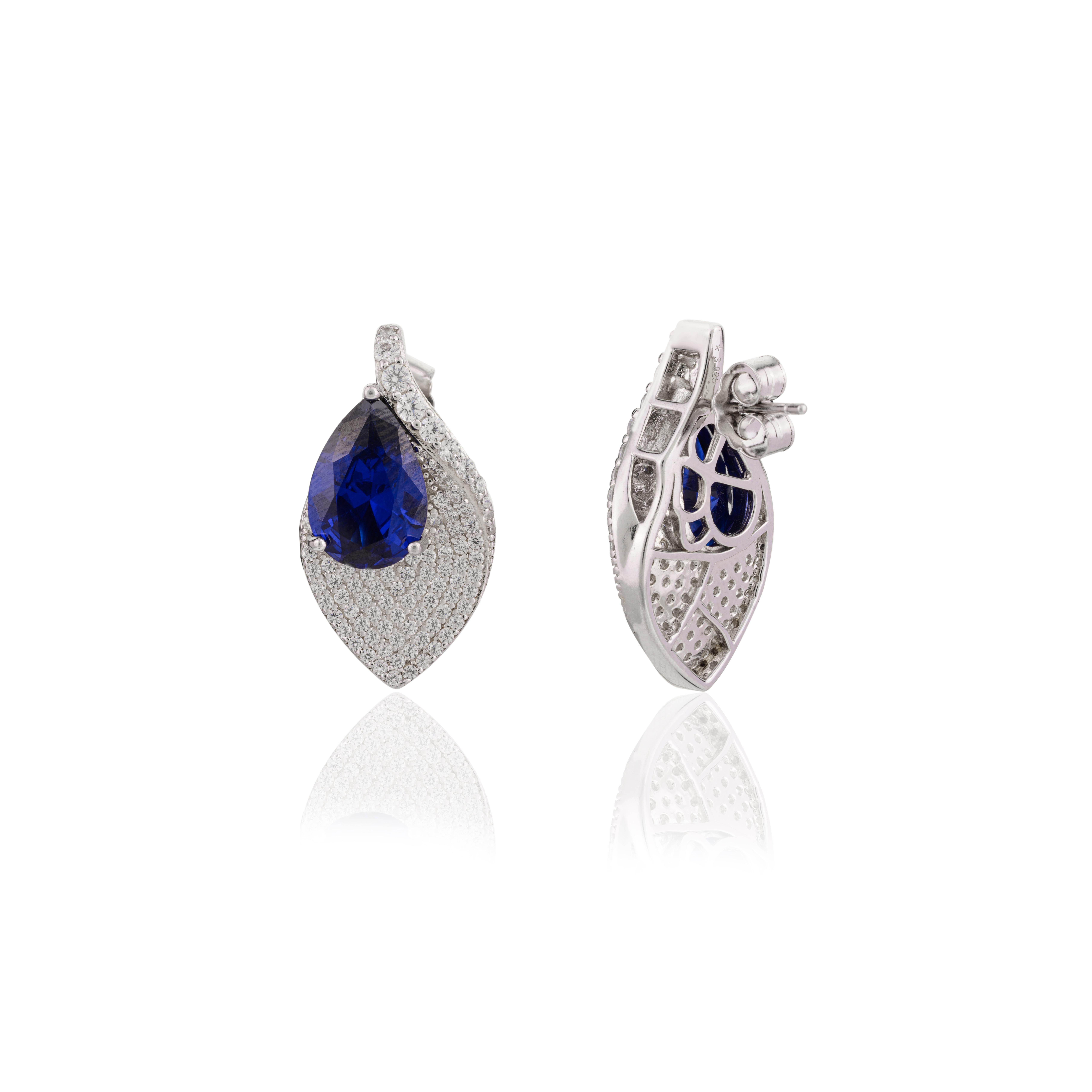 CZ and Blue Pear Leaf Shape Studs Earring in 925 Sterling Silver Jeewlry for Her 1