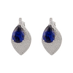 CZ and Blue Pear Leaf Shape Studs Earring in 925 Sterling Silver Jeewlry for Her