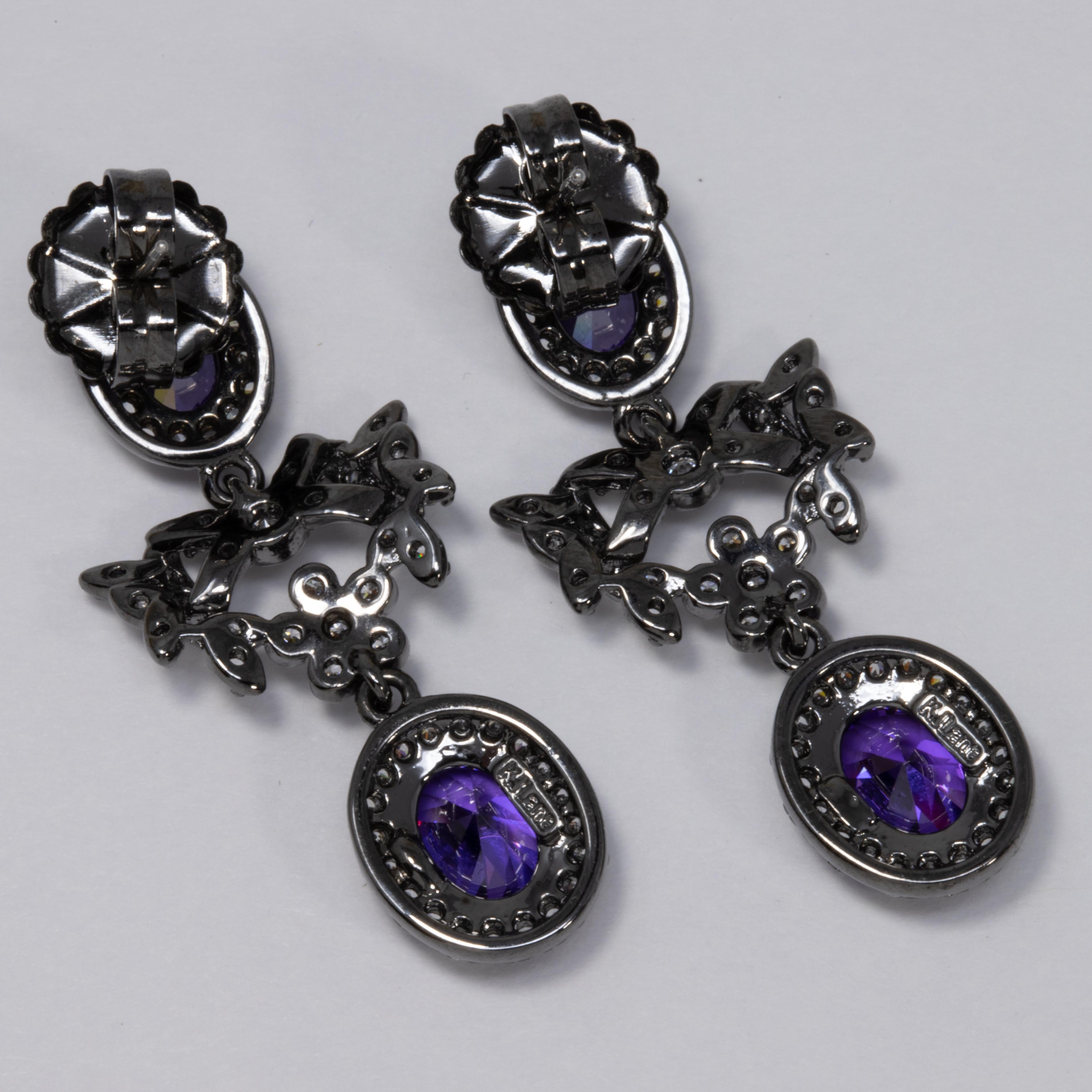 CZ by Kenneth Jay Lane Amethyst Crystal Drop Earrings with Bow Motifs, Post Back In New Condition For Sale In Milford, DE