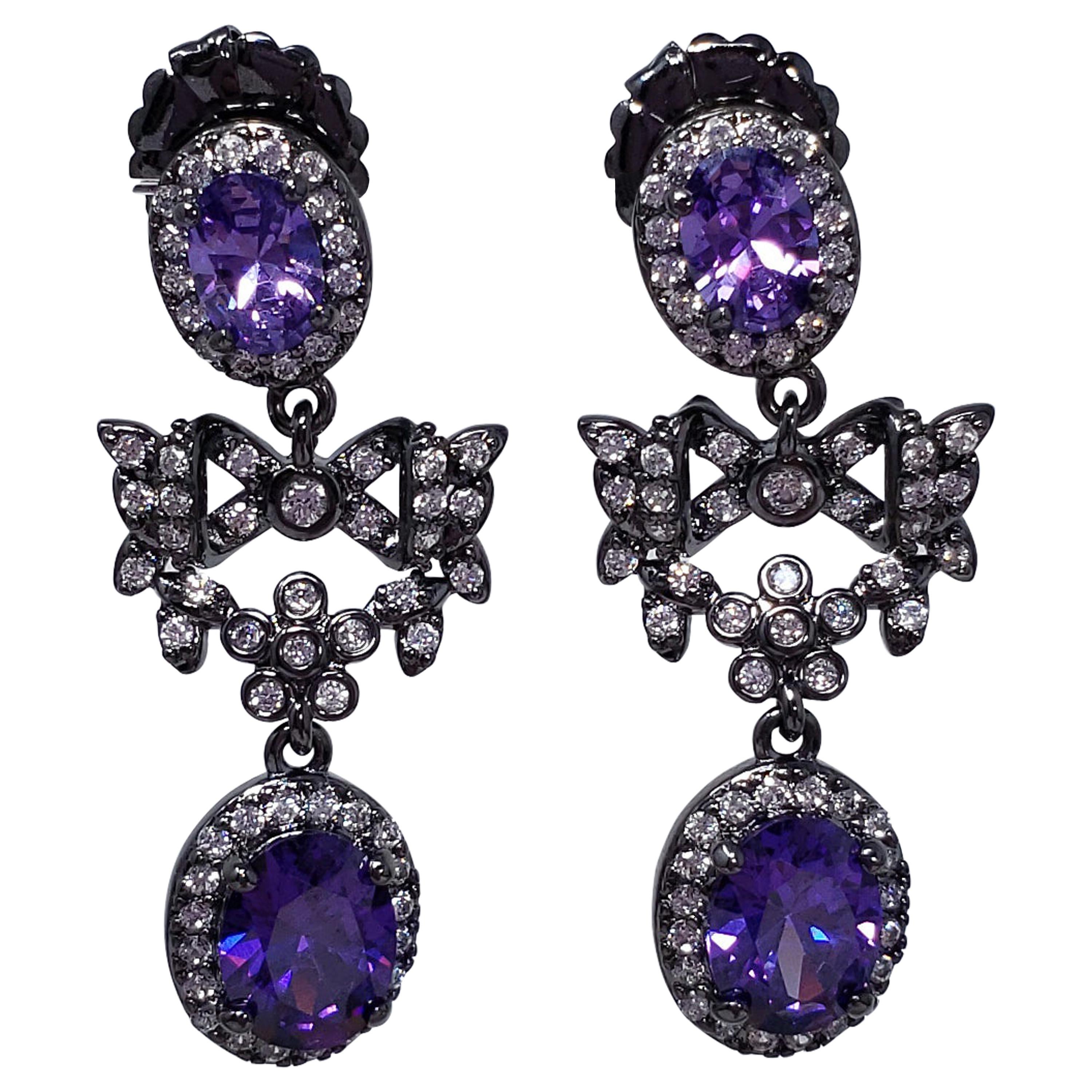CZ by Kenneth Jay Lane Amethyst Crystal Drop Earrings with Bow Motifs, Post Back For Sale