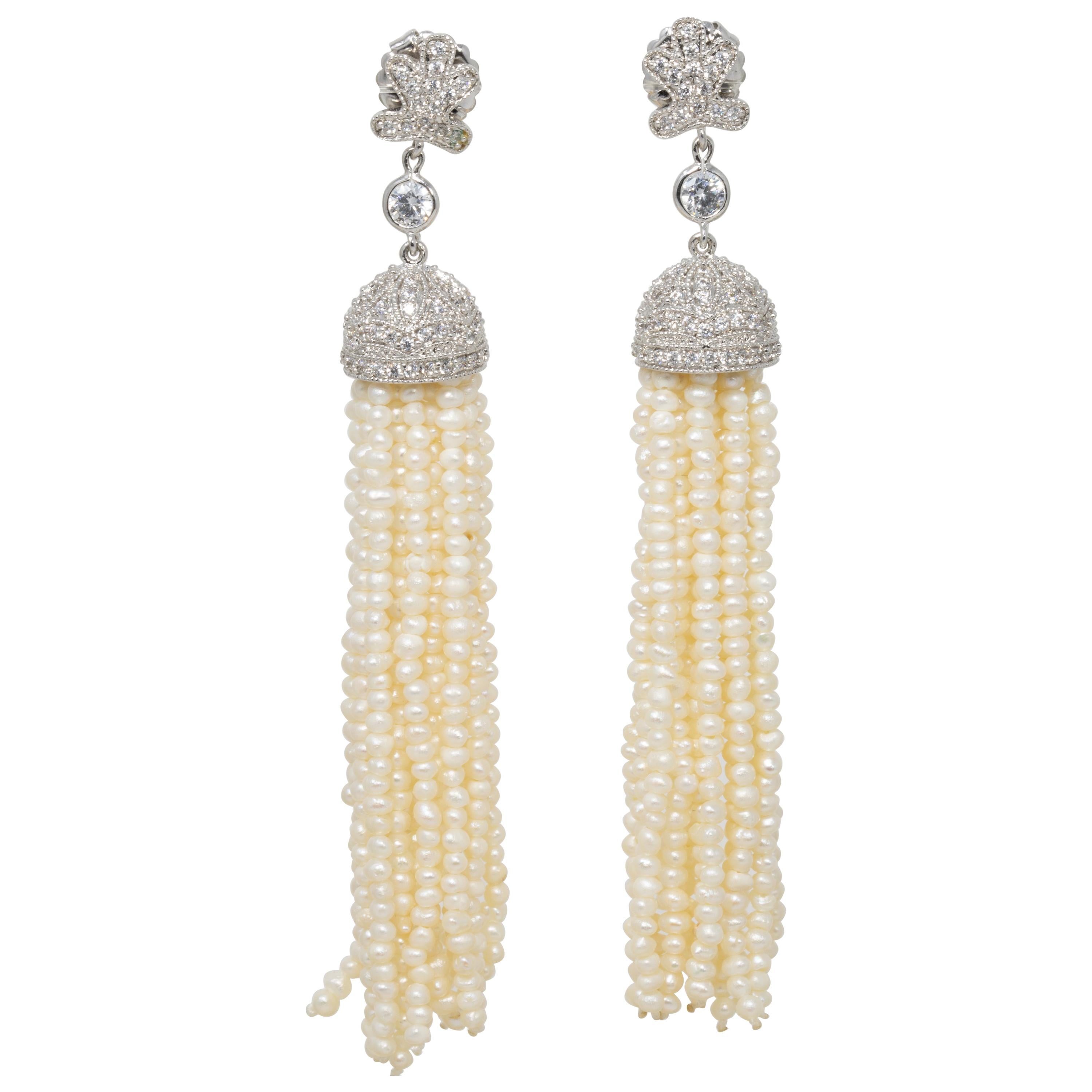 CZ By Kenneth Jay Lane Fresh Water Pearl Danglig Cubic Zirconia Clip Earrings