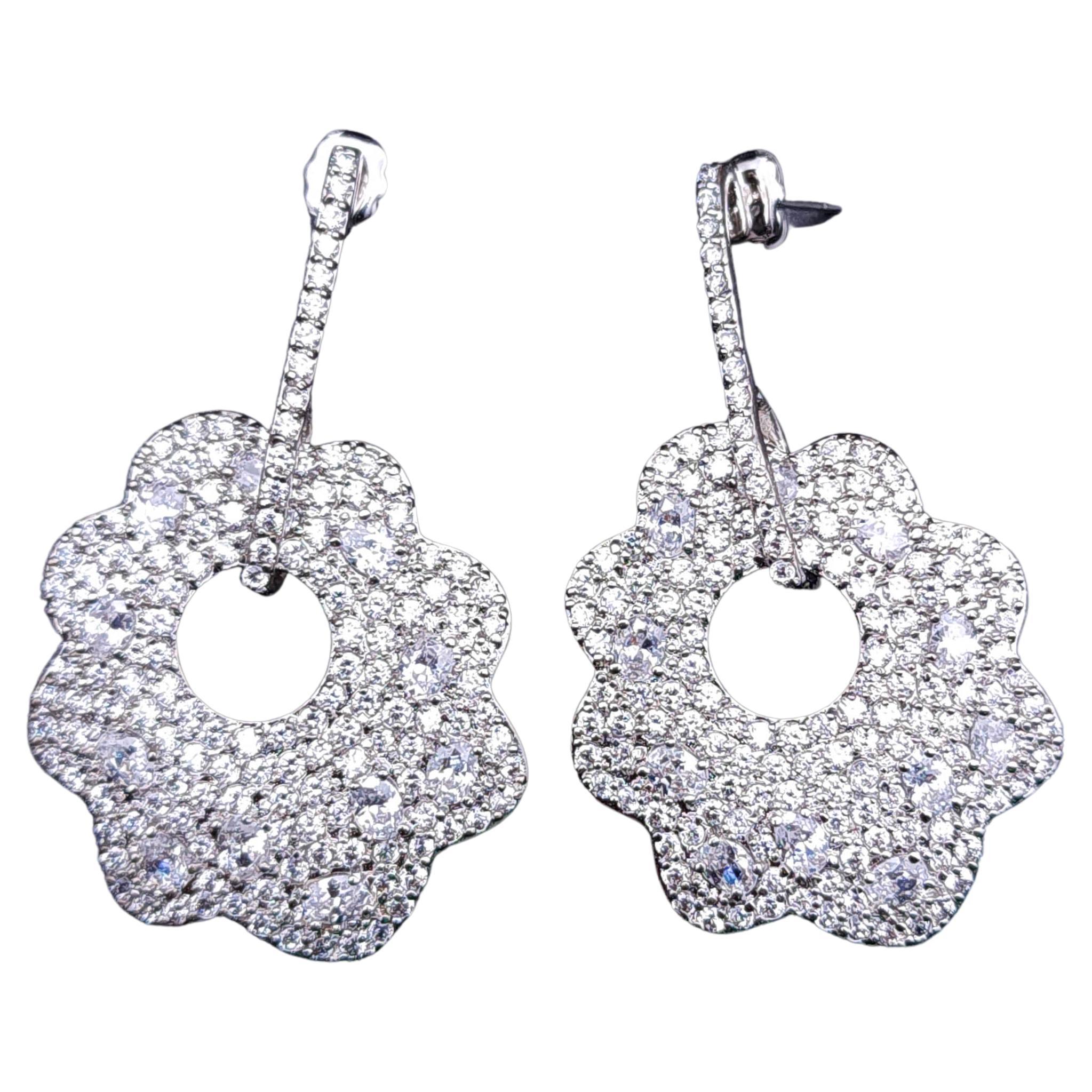 CZ by Kenneth Jay Lane Pave Flower Crystal Silver Dangle Earrings For Sale