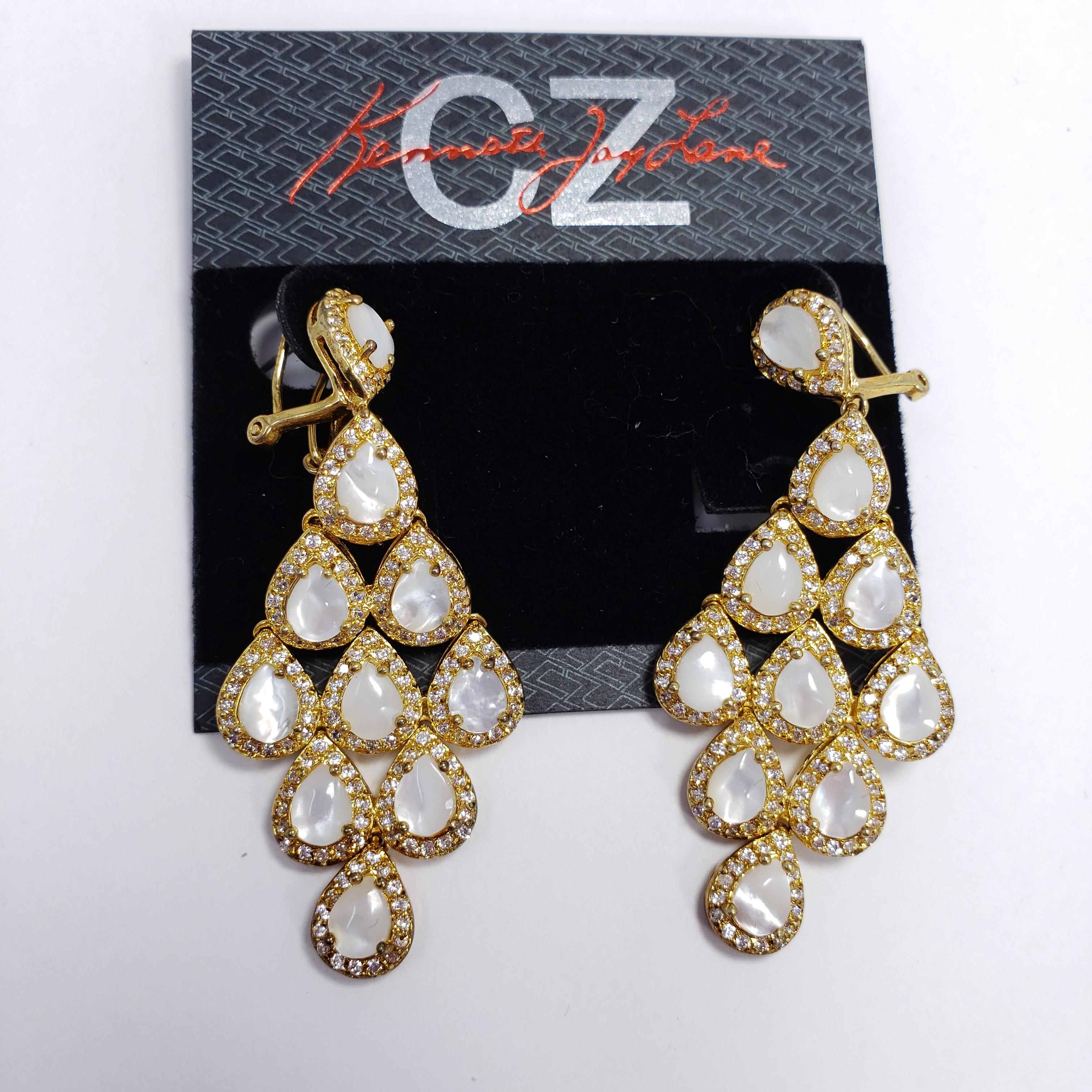 CZ by KJL Kenneth Jay Lane Cascading Opaque Pear Crystal Earrings in Gold 2