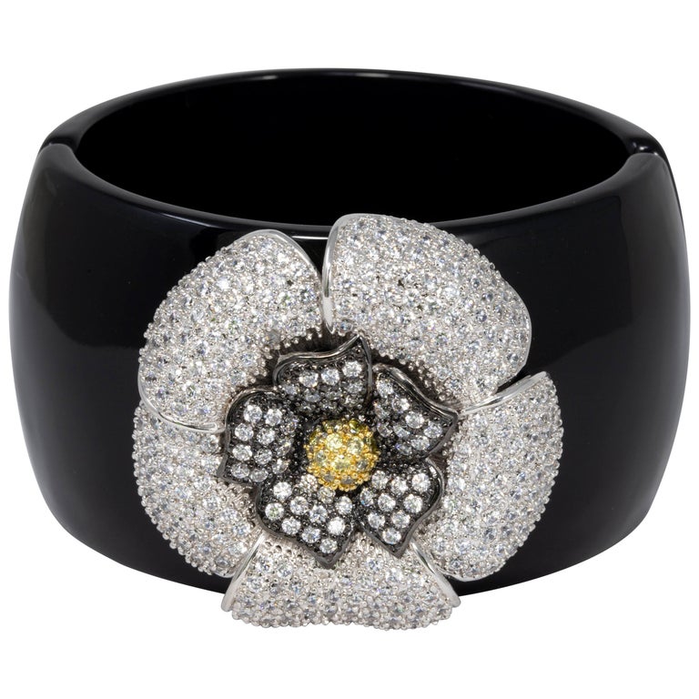 CZ KJL Cubic Zirconia by Kenneth Jay Lane Pave Crystal Flower Bangle  Bracelet For Sale at 1stDibs