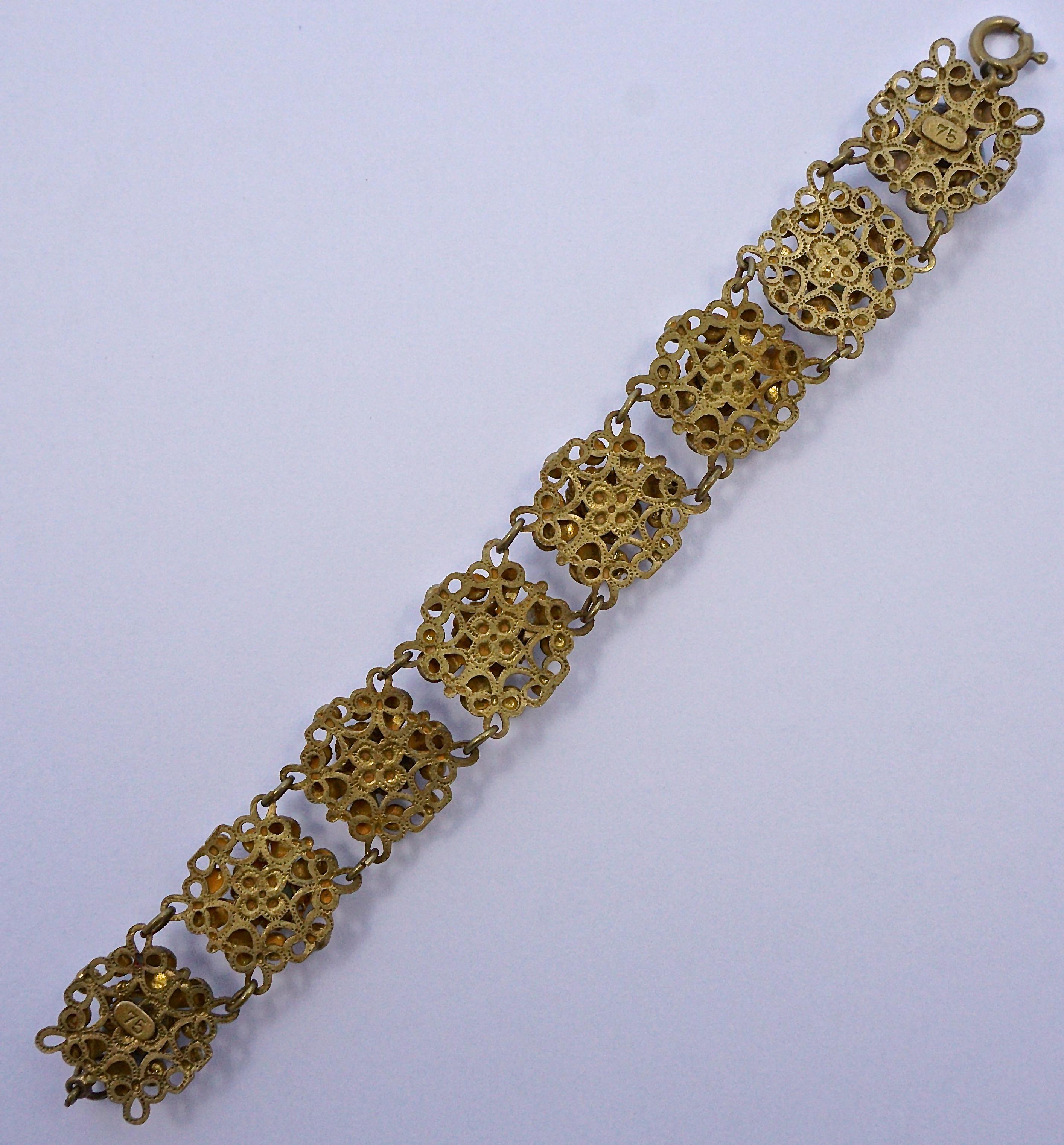 Women's Czech 1930s Gold Tone Aqua Moonglow Multi Coloured Rhinestones Filigree Bracelet