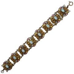 Czech 1930s Gold Tone Aqua Moonglow Multi Coloured Rhinestones Filigree Bracelet