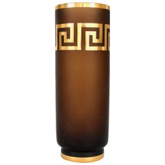 Vintage Czech Amber Glass Vase Gold Luster Greek Key Motif Decoration