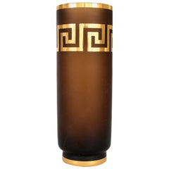 Czech Amber Glass Vase Gold Luster Greek Key Motif Decoration