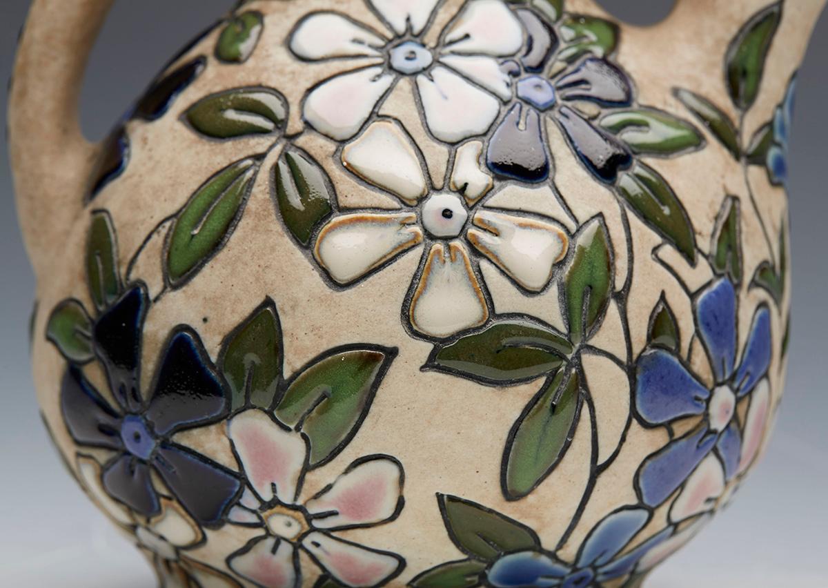 Glazed Czech Art Deco Amphora Art Pottery Floral Islamic Design Ewer For Sale
