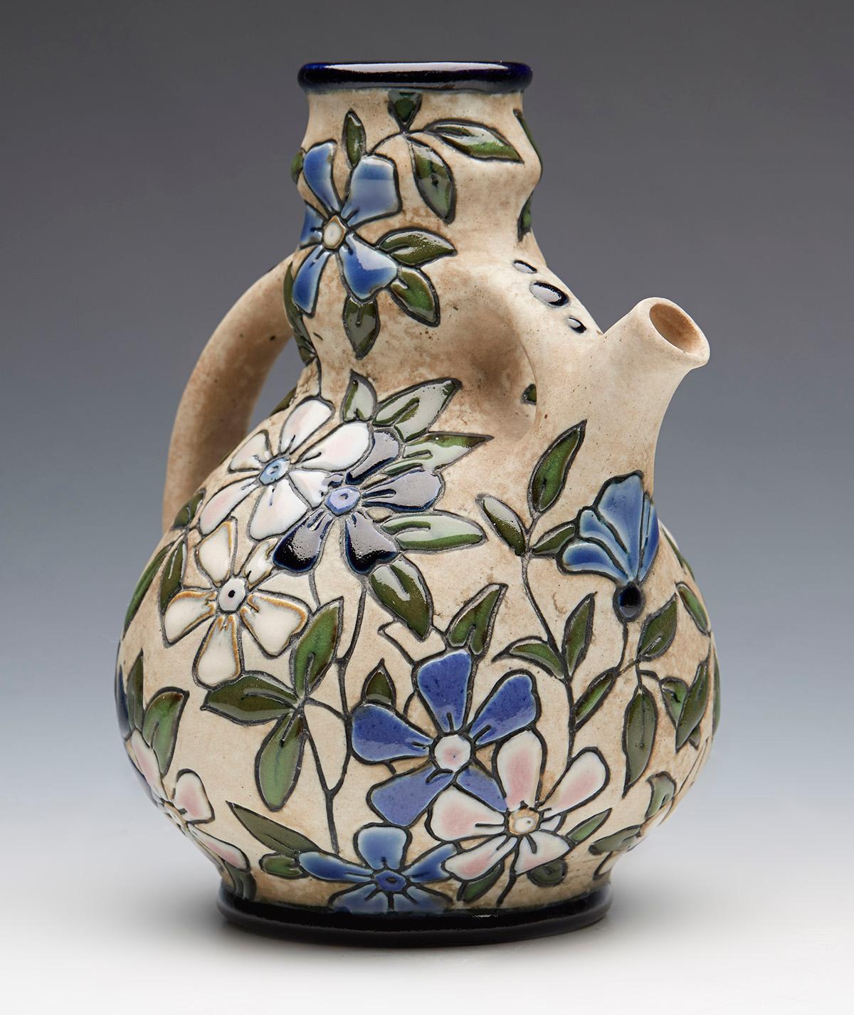 Early 20th Century Czech Art Deco Amphora Art Pottery Floral Islamic Design Ewer For Sale