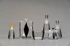 Tschechisches 6er-Set Kommodenset Palda aus schwarzer Emaille und mundgeblasenem & geschliffenem Kristall, Art déco