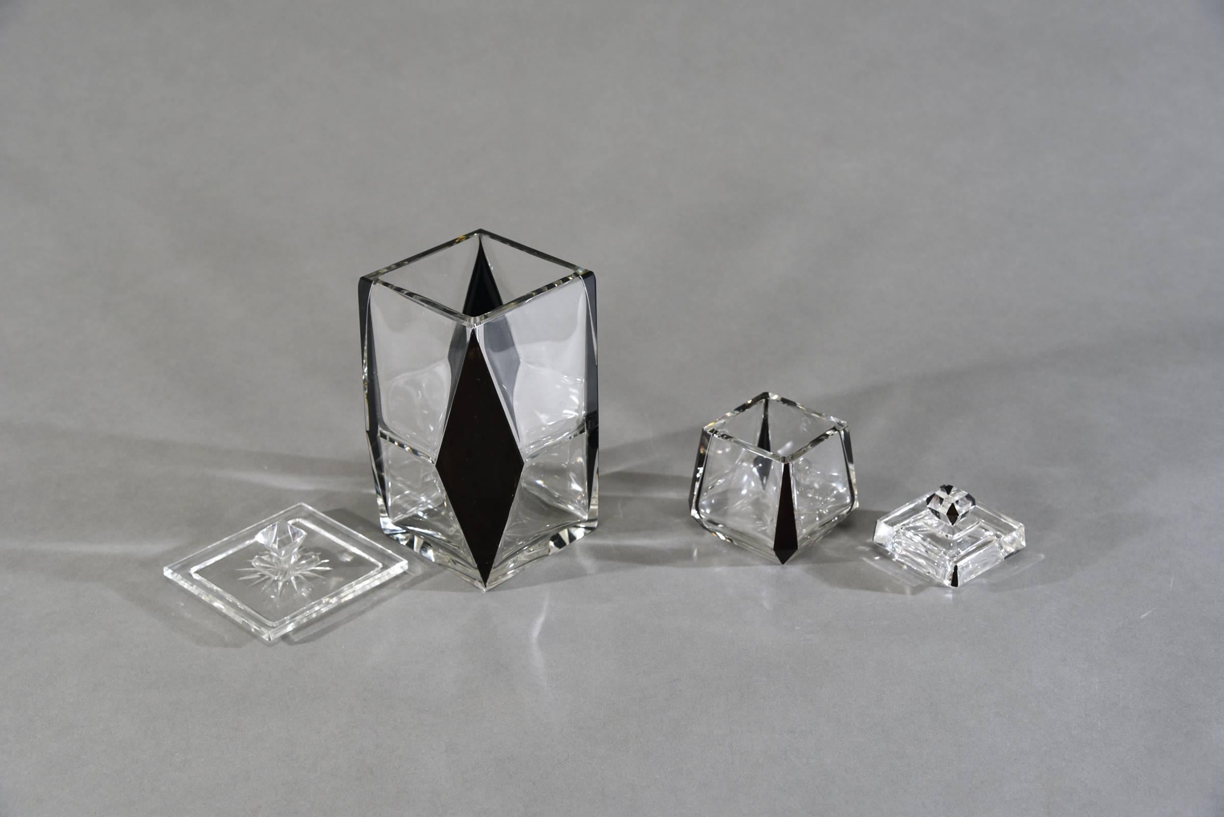 Enameled Czech Art Deco Black Enamel & Hand Blown & Cut Crystal 6 Pc Dresser Set Palda For Sale