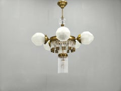 Lampadario Art Deco ceco in ottone e vetro, anni '50
