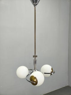 Czech Art Deco Chrome and Opaline Glass Chandelier, 1930s