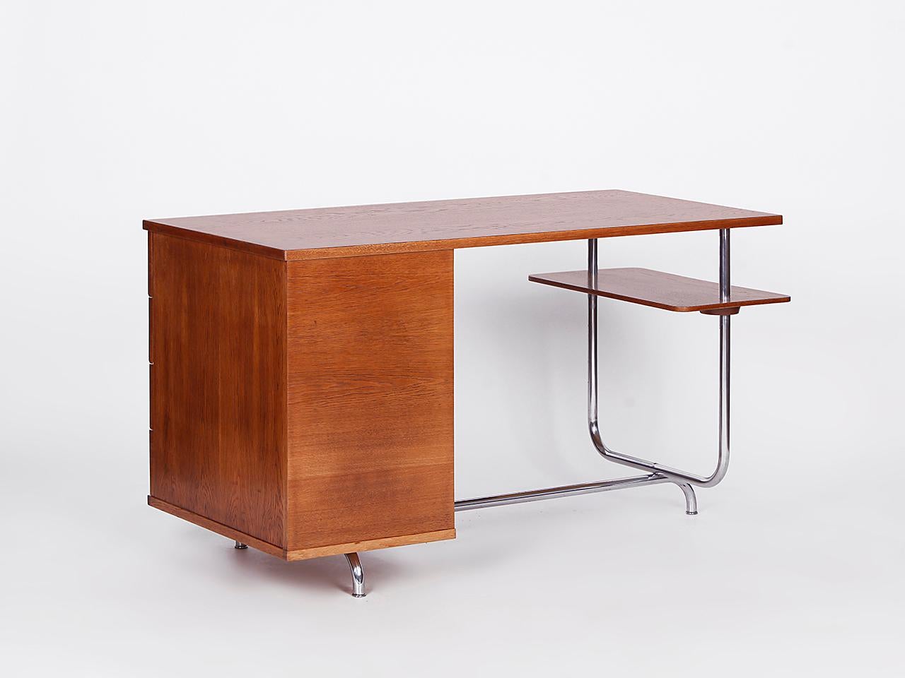 Oak Czech Art Deco Chrome Writing Desk H 180 Jindrich Halabala Restored, 1930s For Sale