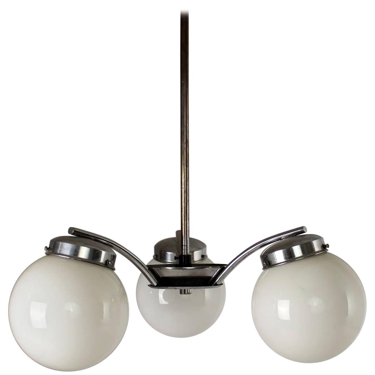 Czech Art Deco Chromed Metal and Glass Pendant Lamp from Napako