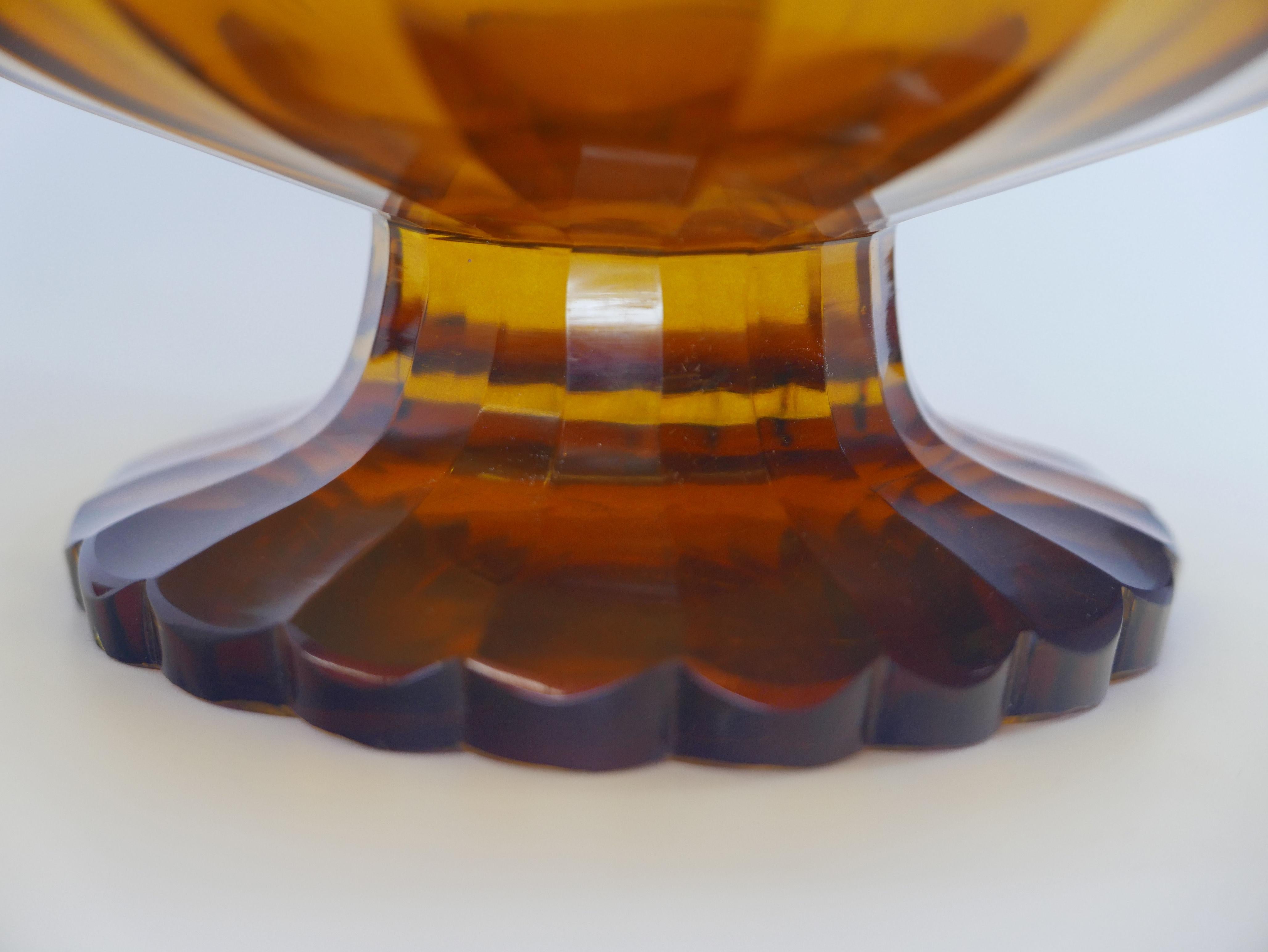 Very stunning large 1920s Art Deco faceted cut amber solid crystal bowl after Josef Hoffmann.