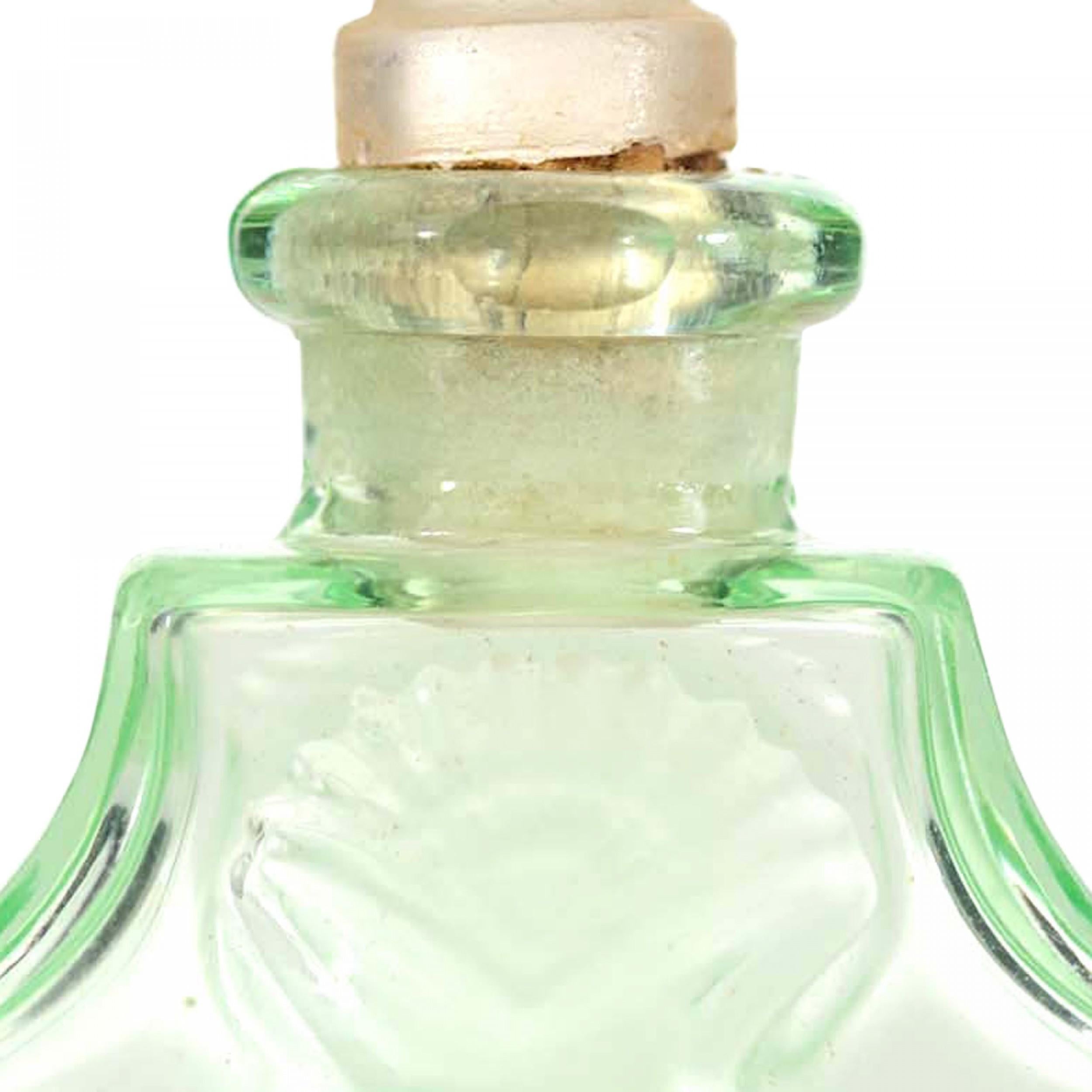 Ceco Czech Art Deco Green Tinted Glass Perfume Bottle in vendita