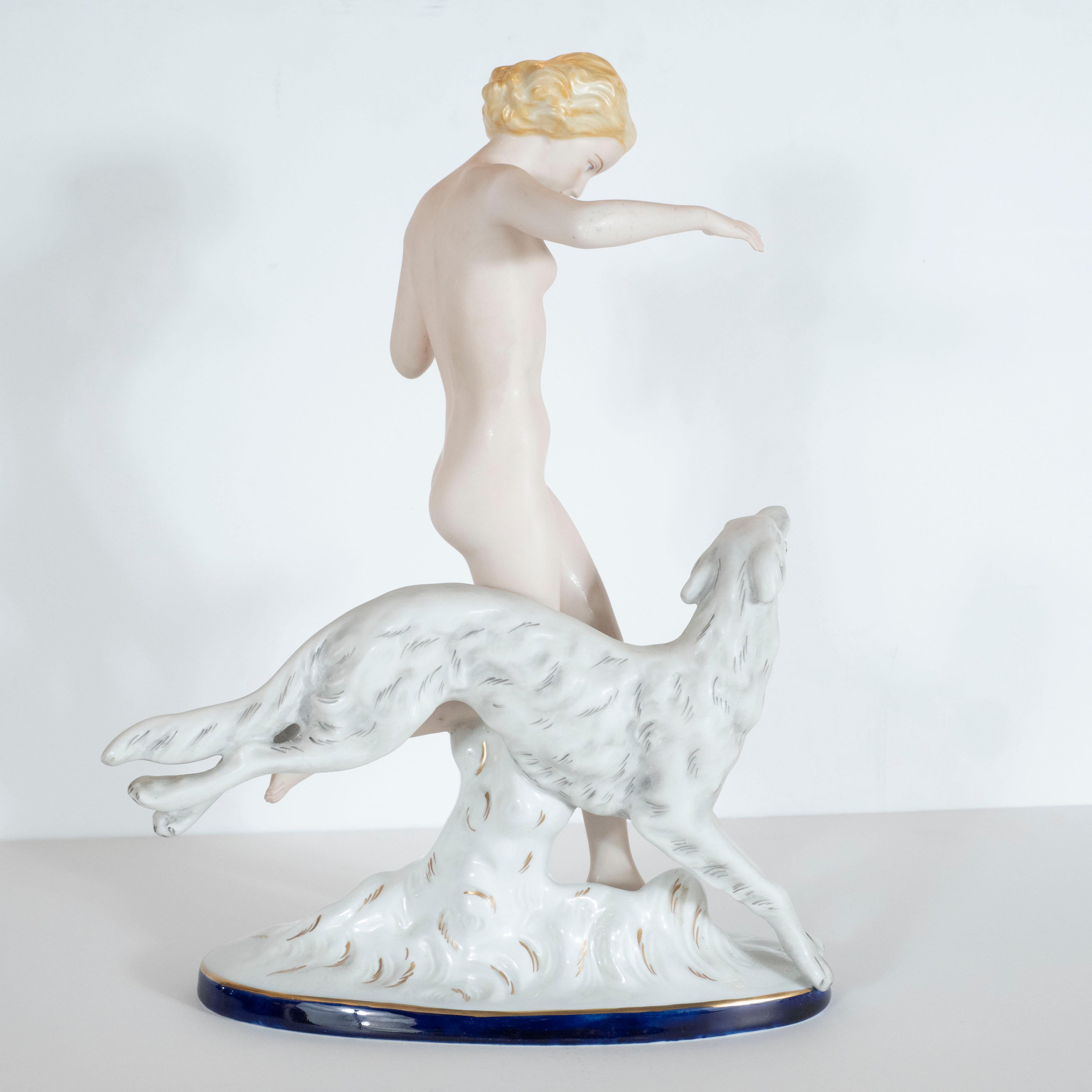 Mid-20th Century Czech Art Deco Hand Painted Porcelain Figurine of Nude Lady with Greyhound For Sale