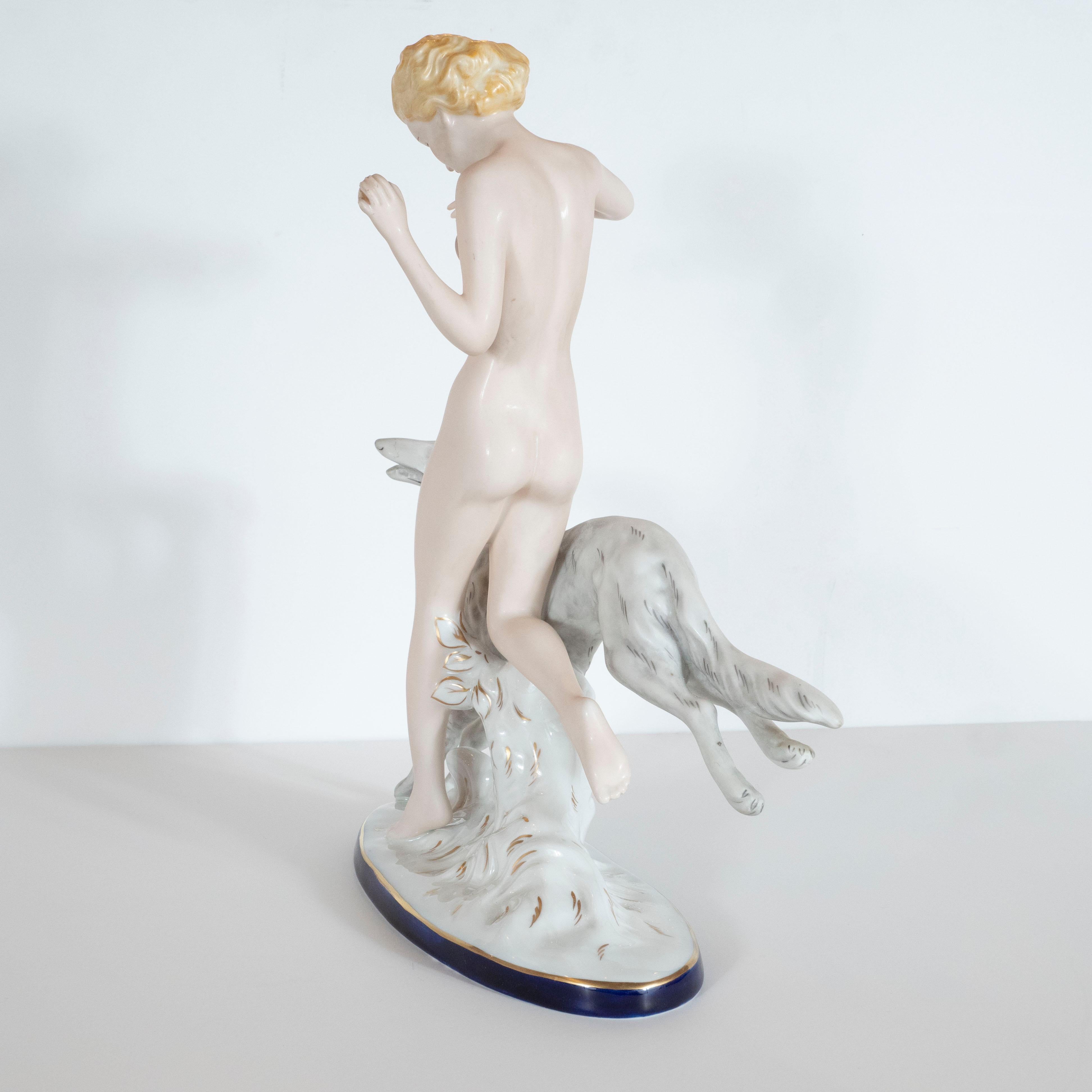 Gold Czech Art Deco Hand Painted Porcelain Figurine of Nude Lady with Greyhound For Sale