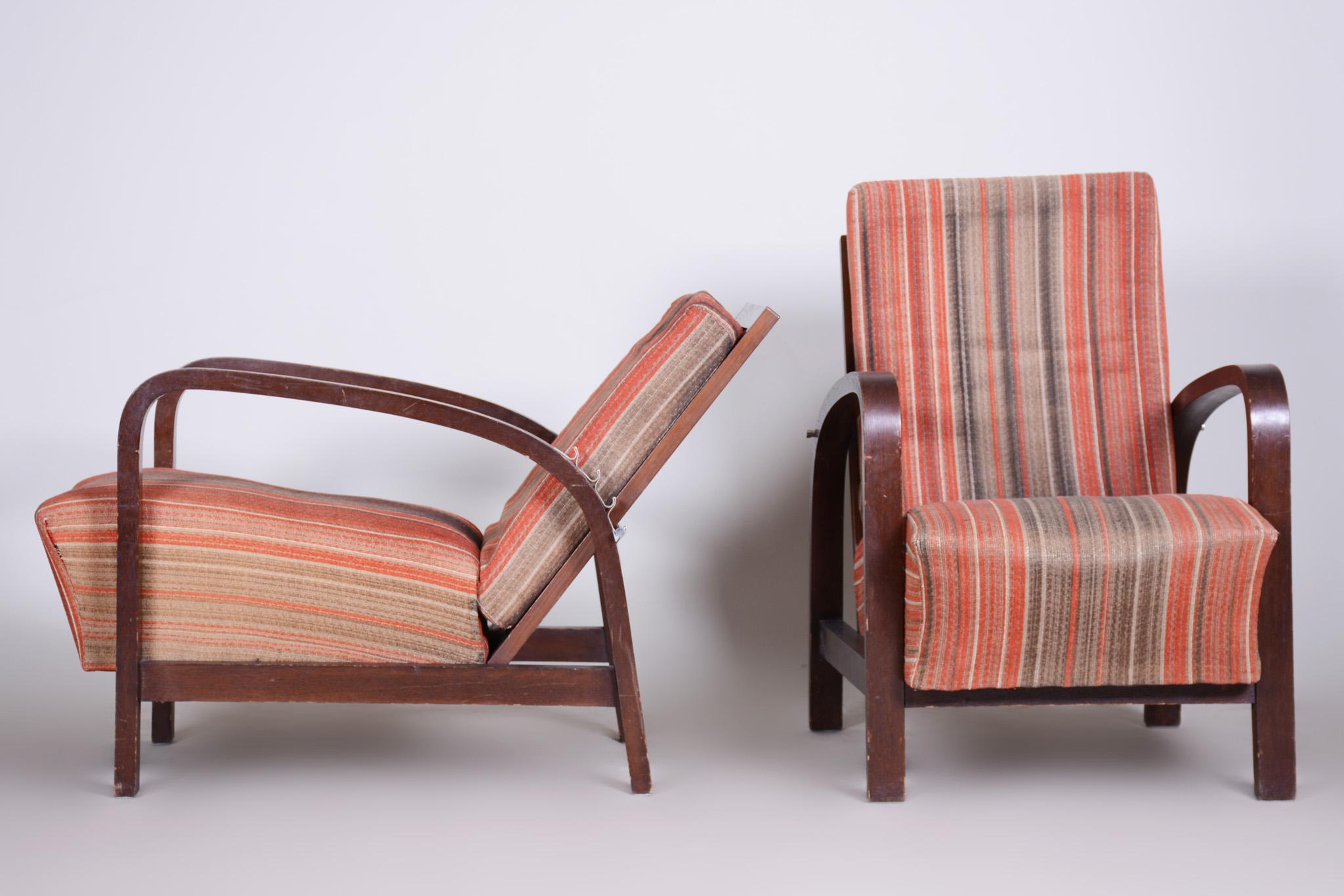 Fabric Czech Art Deco Oak Armchairs 1930s, Original Well Preserved Condition For Sale