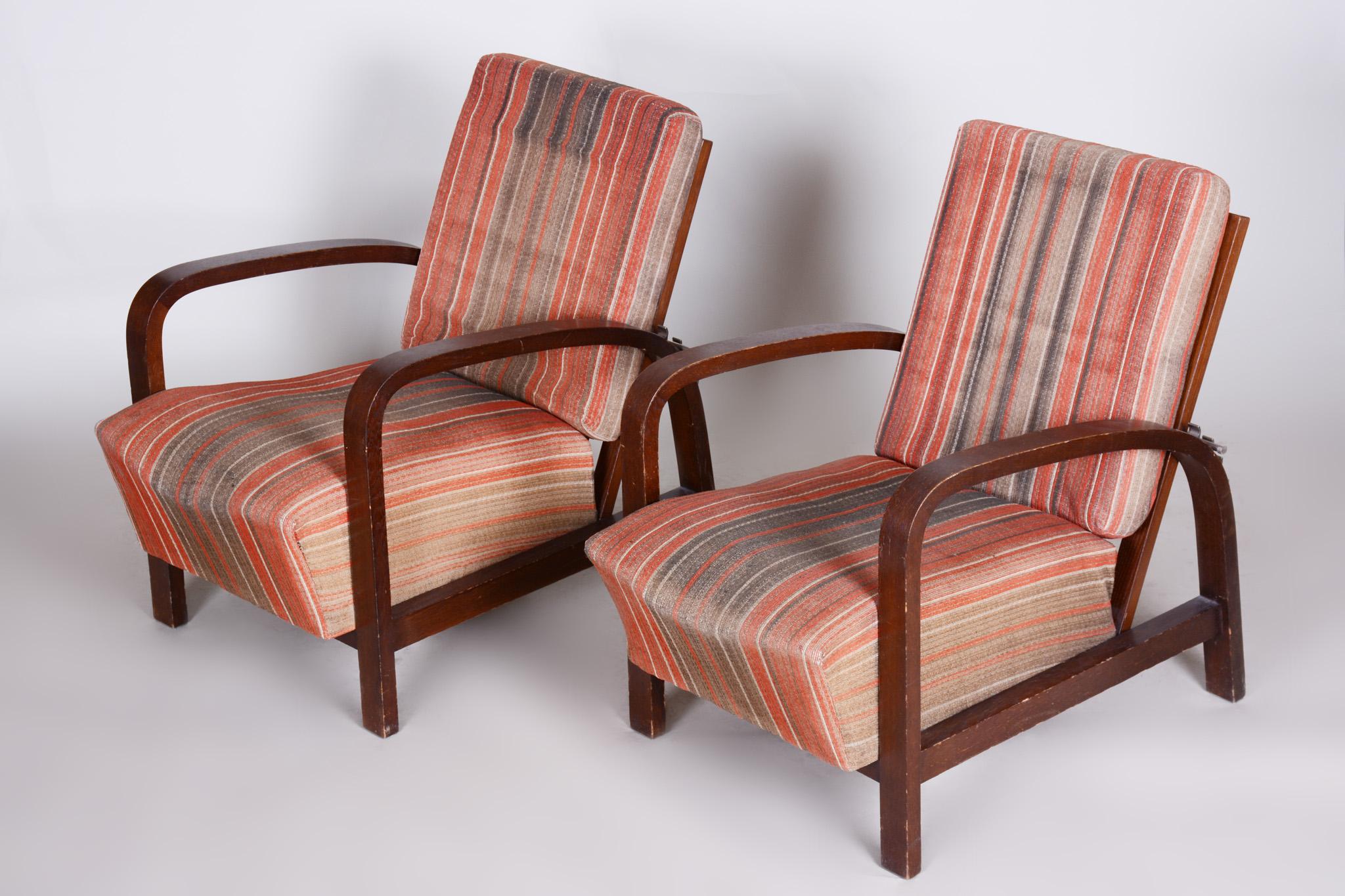 Czech Art Deco Oak Armchairs 1930s, Original Well Preserved Condition For Sale 2