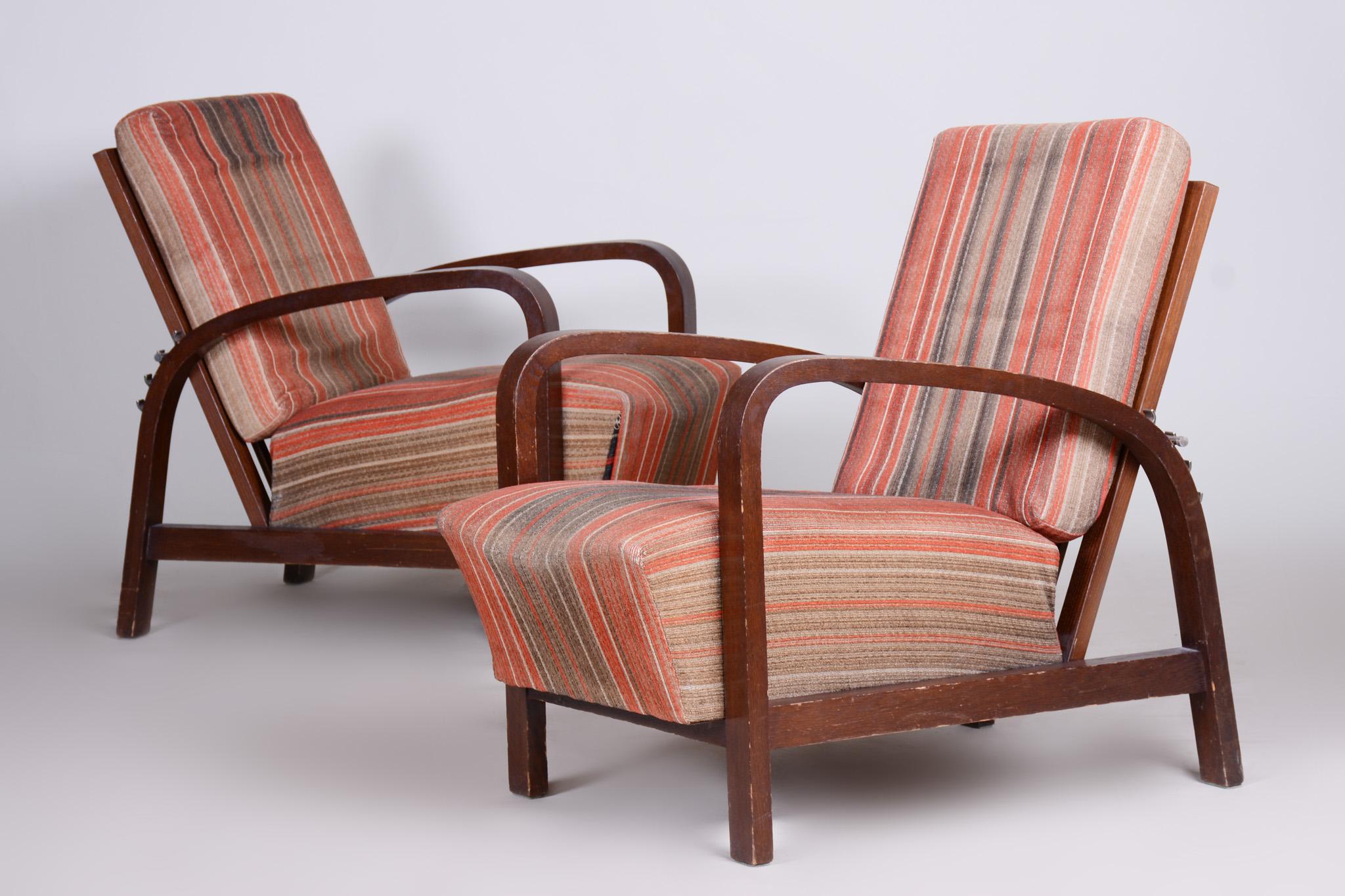 Czech Art Deco Oak Armchairs 1930s, Original Well Preserved Condition For Sale 3