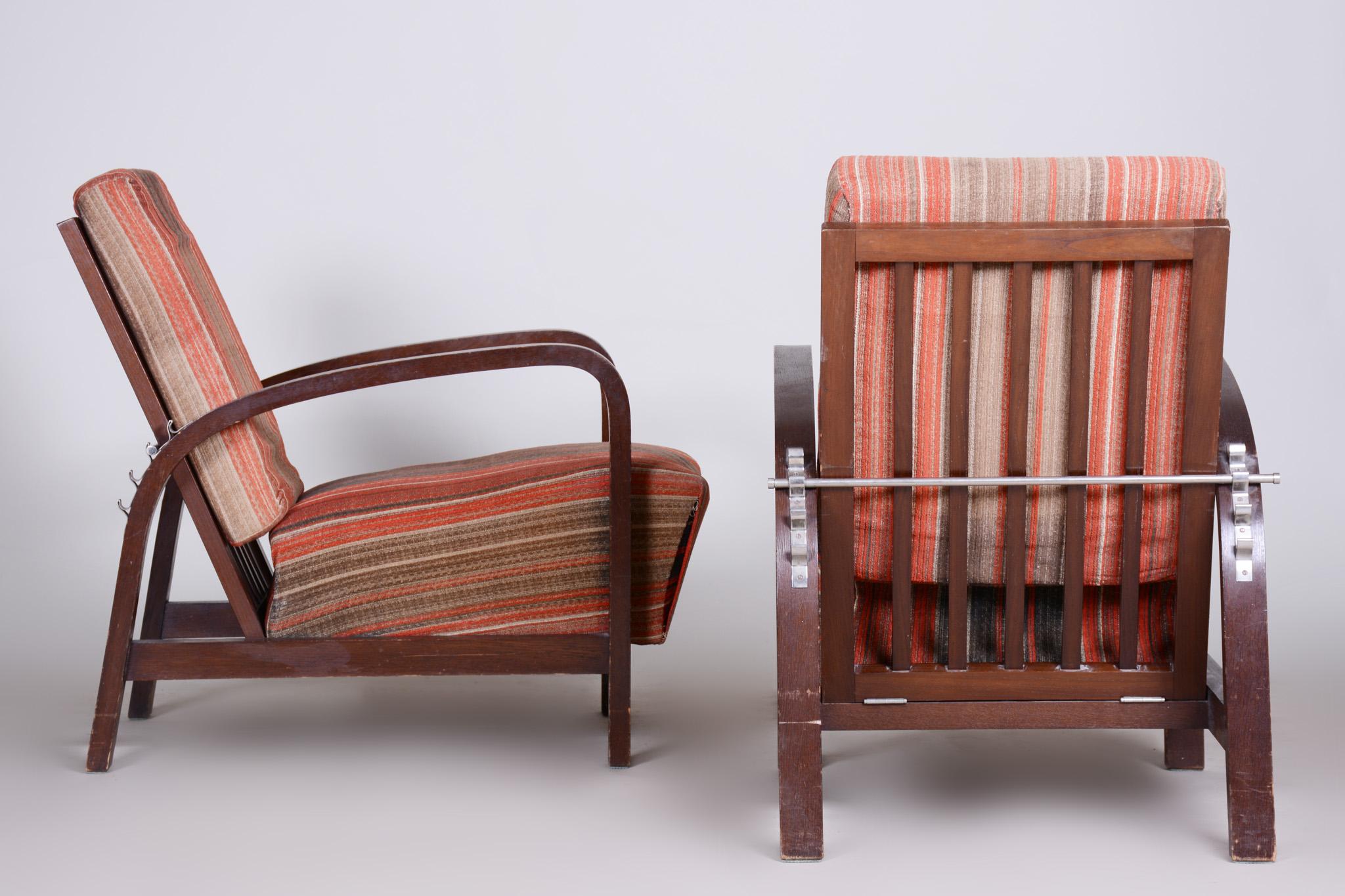 Czech Art Deco Oak Armchairs 1930s, Original Well Preserved Condition For Sale 4