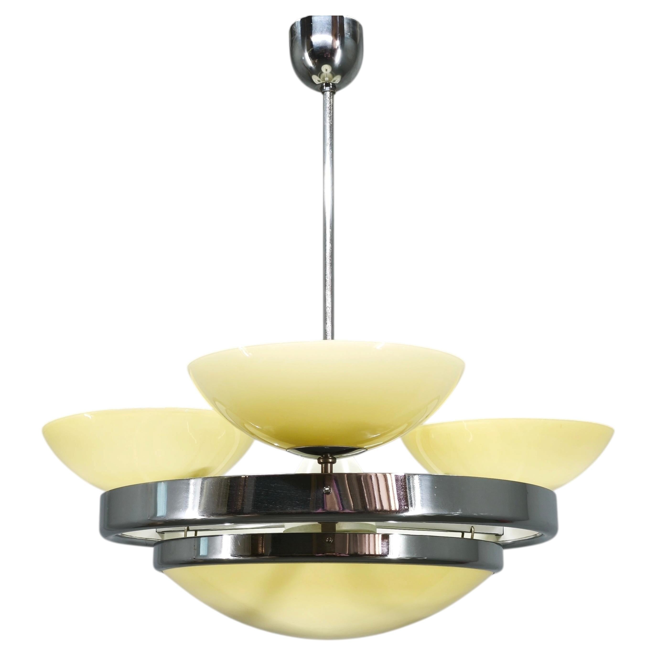 Czech Art Deco Opaline Glass Chandelier, 1940s