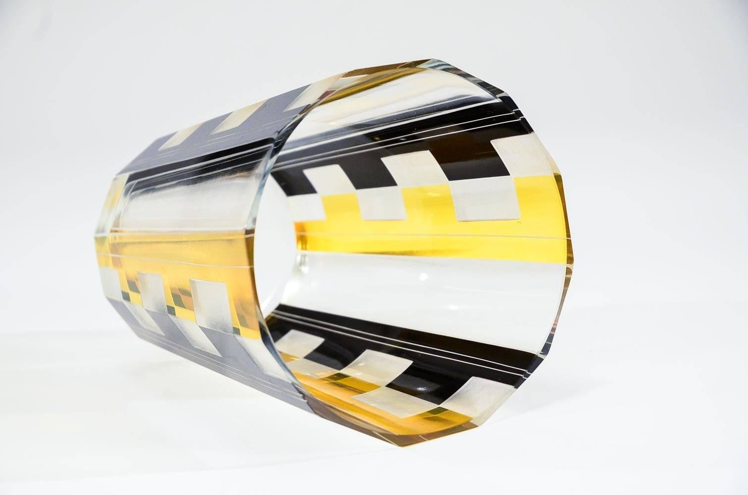 Czech Art Deco Vase with Yellow and Black Panel Cut Geometric Decoration In Excellent Condition In Great Barrington, MA