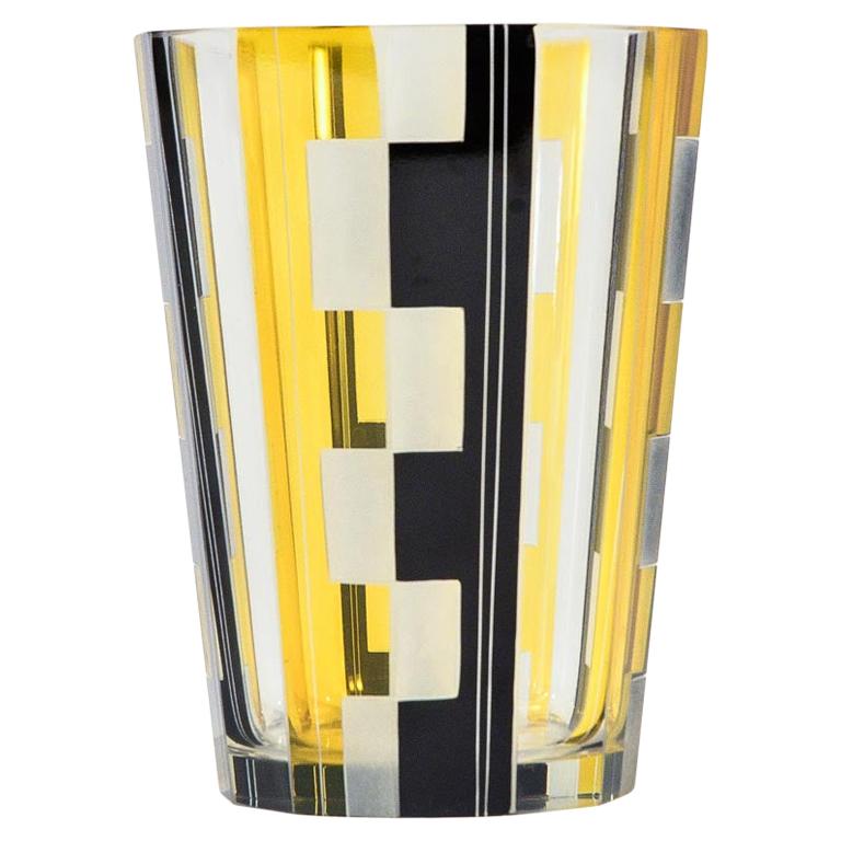 Czech Art Deco Vase with Yellow and Black Panel Cut Geometric Decoration