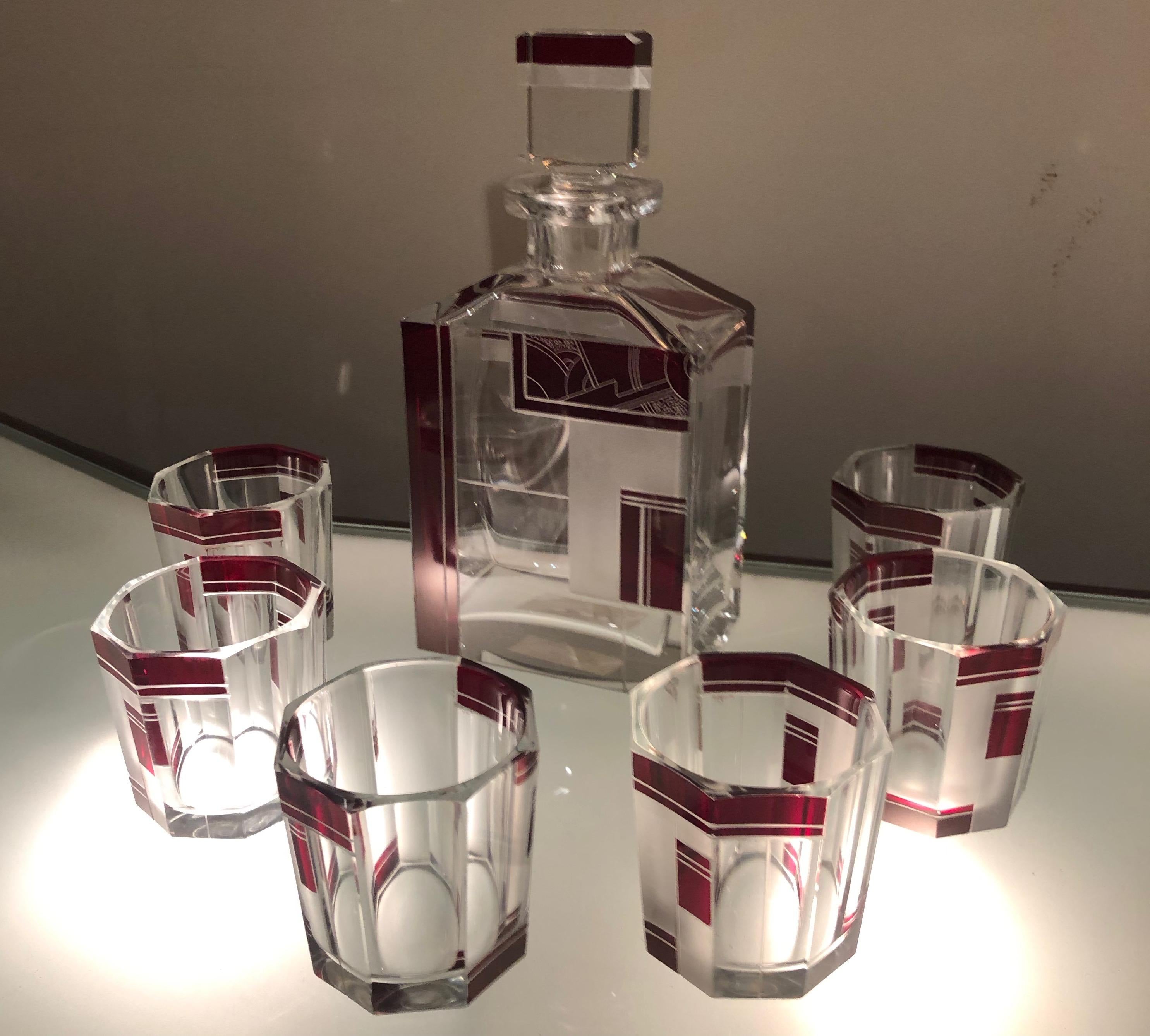 Czech Art Deco Whiskey Glass Decanter Set 4