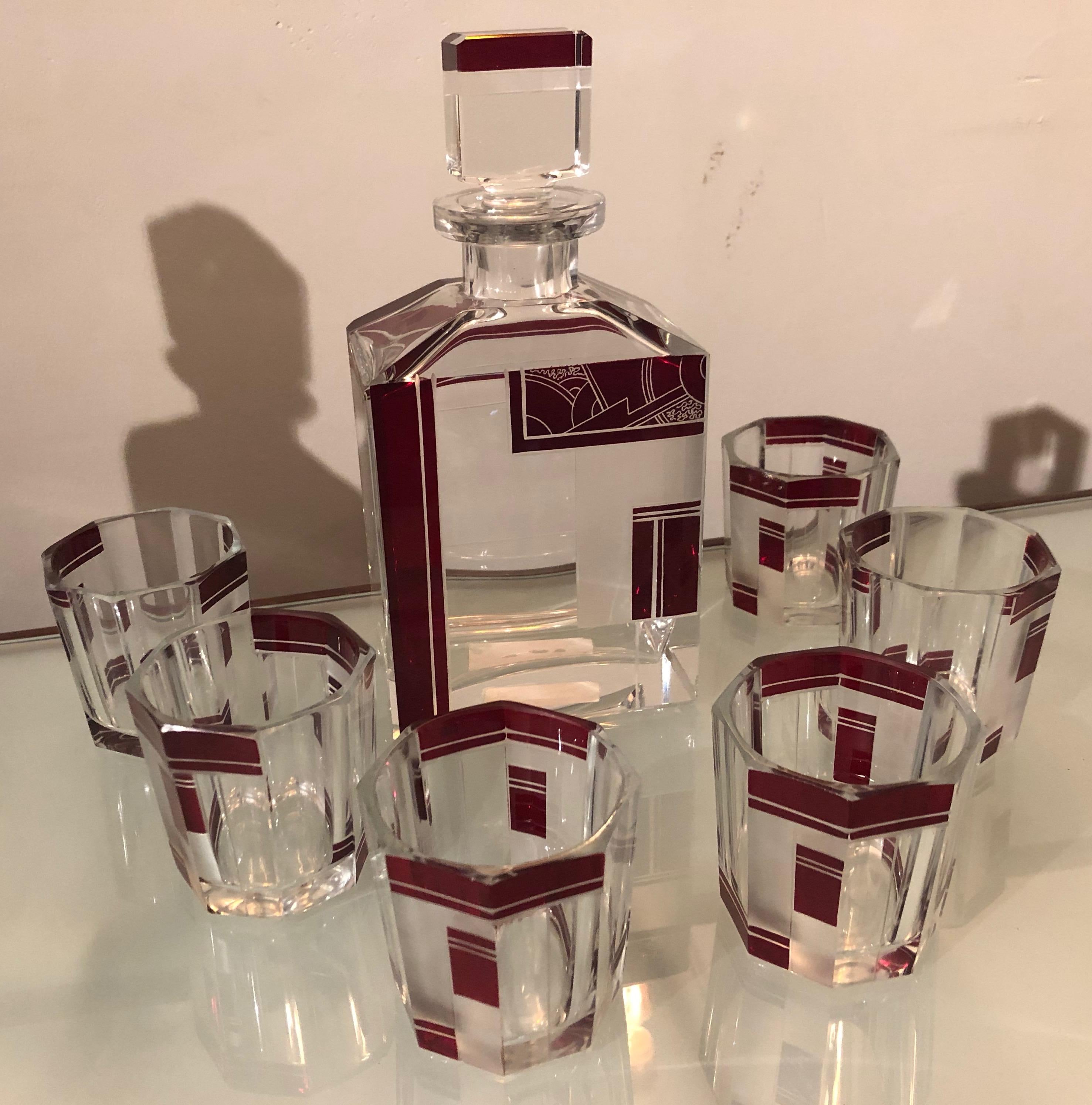 Crystal Czech Art Deco Whiskey Glass Decanter Set