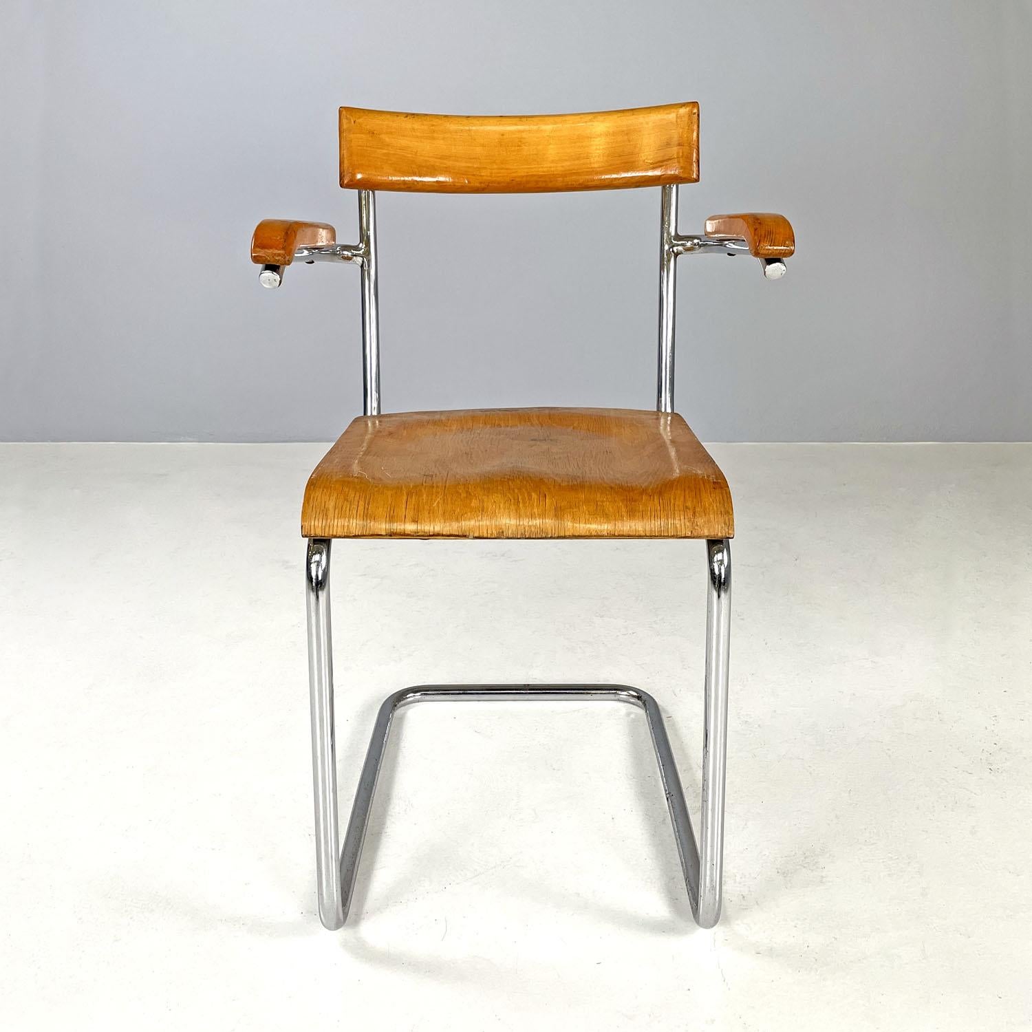 Italian Czech Art Deco wood and chromed steel chair with armrests by Ladislav Zak, 1930s For Sale