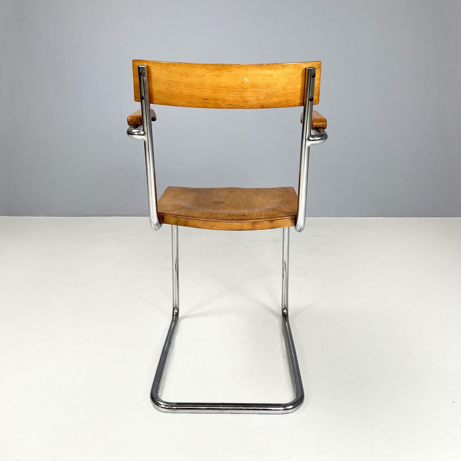 Mid-20th Century Czech Art Deco wood and chromed steel chair with armrests by Ladislav Zak, 1930s For Sale