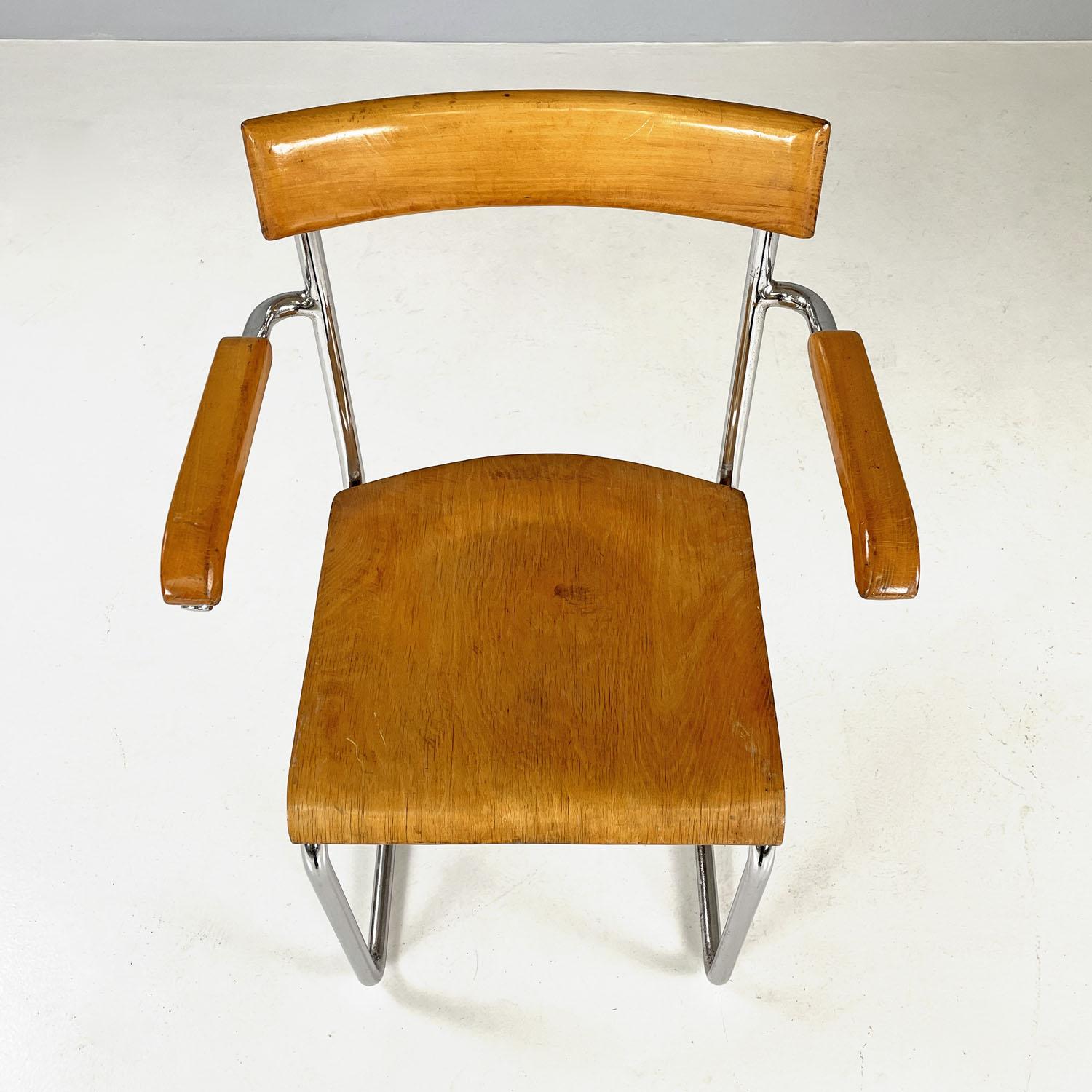 Steel Czech Art Deco wood and chromed steel chair with armrests by Ladislav Zak, 1930s For Sale