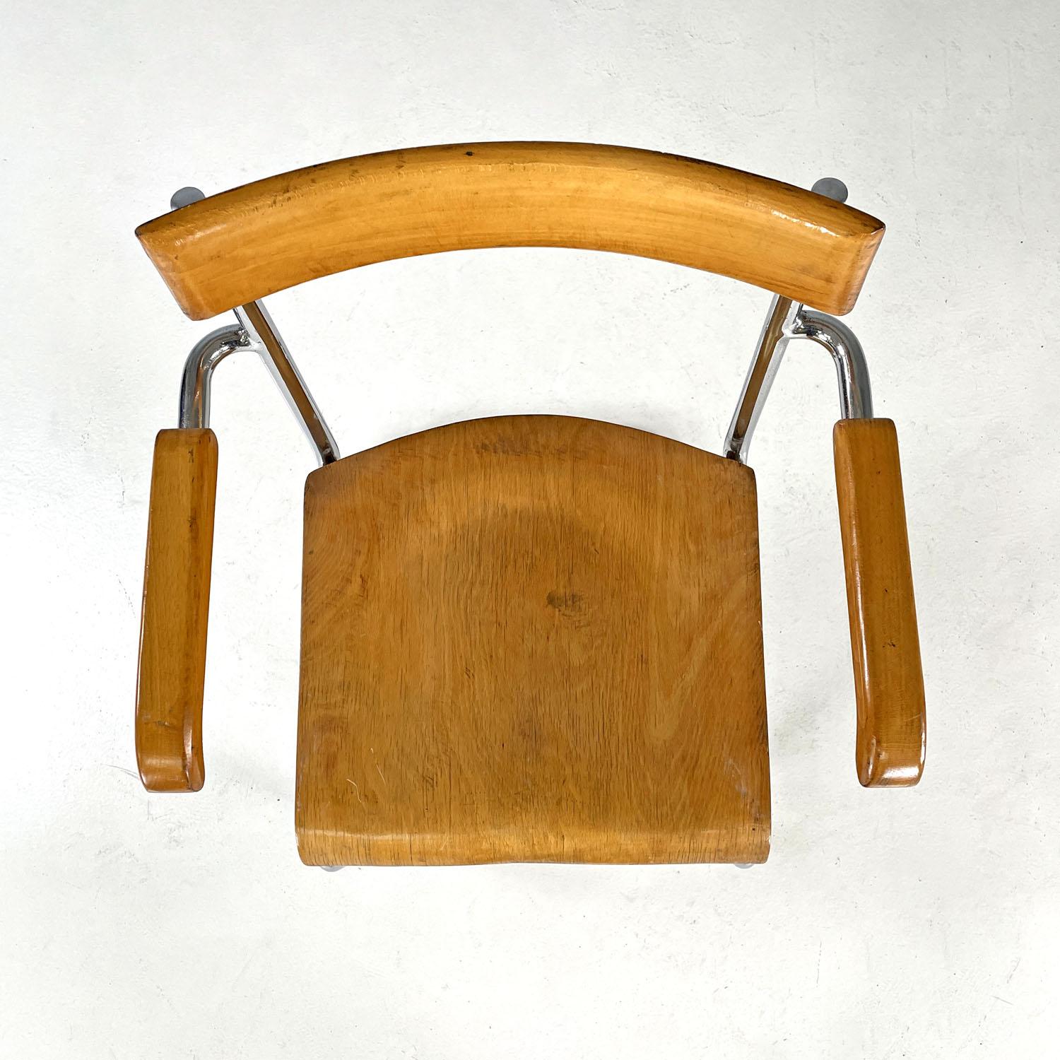 Czech Art Deco wood and chromed steel chair with armrests by Ladislav Zak, 1930s For Sale 1