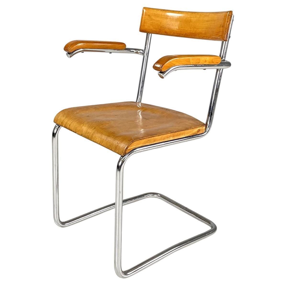 Czech Art Deco wood and chromed steel chair with armrests by Ladislav Zak, 1930s For Sale