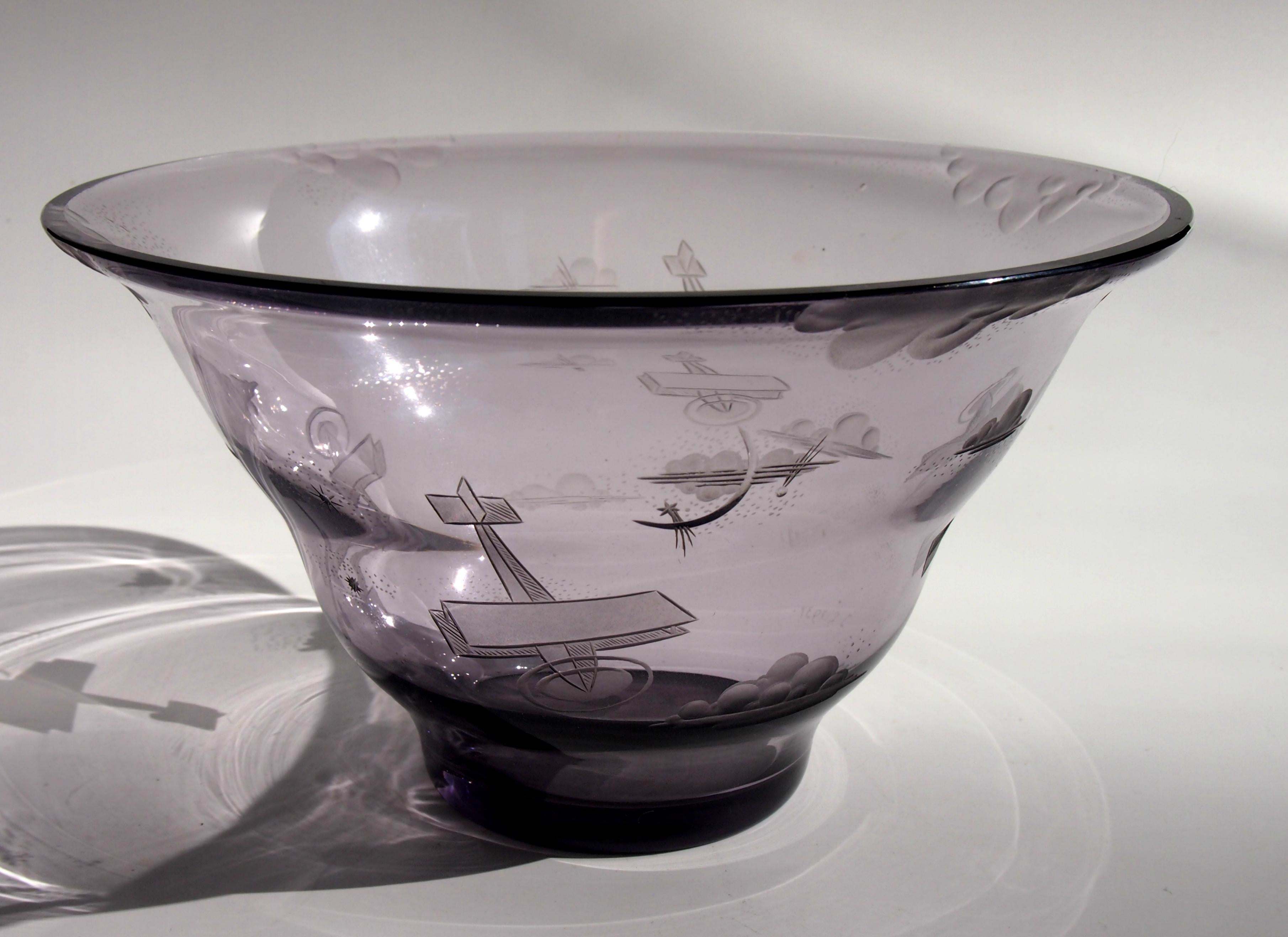 Mid-20th Century Czech Art Deco Zelezny Brod School Signed and Dated Biplane Glass Bowl For Sale