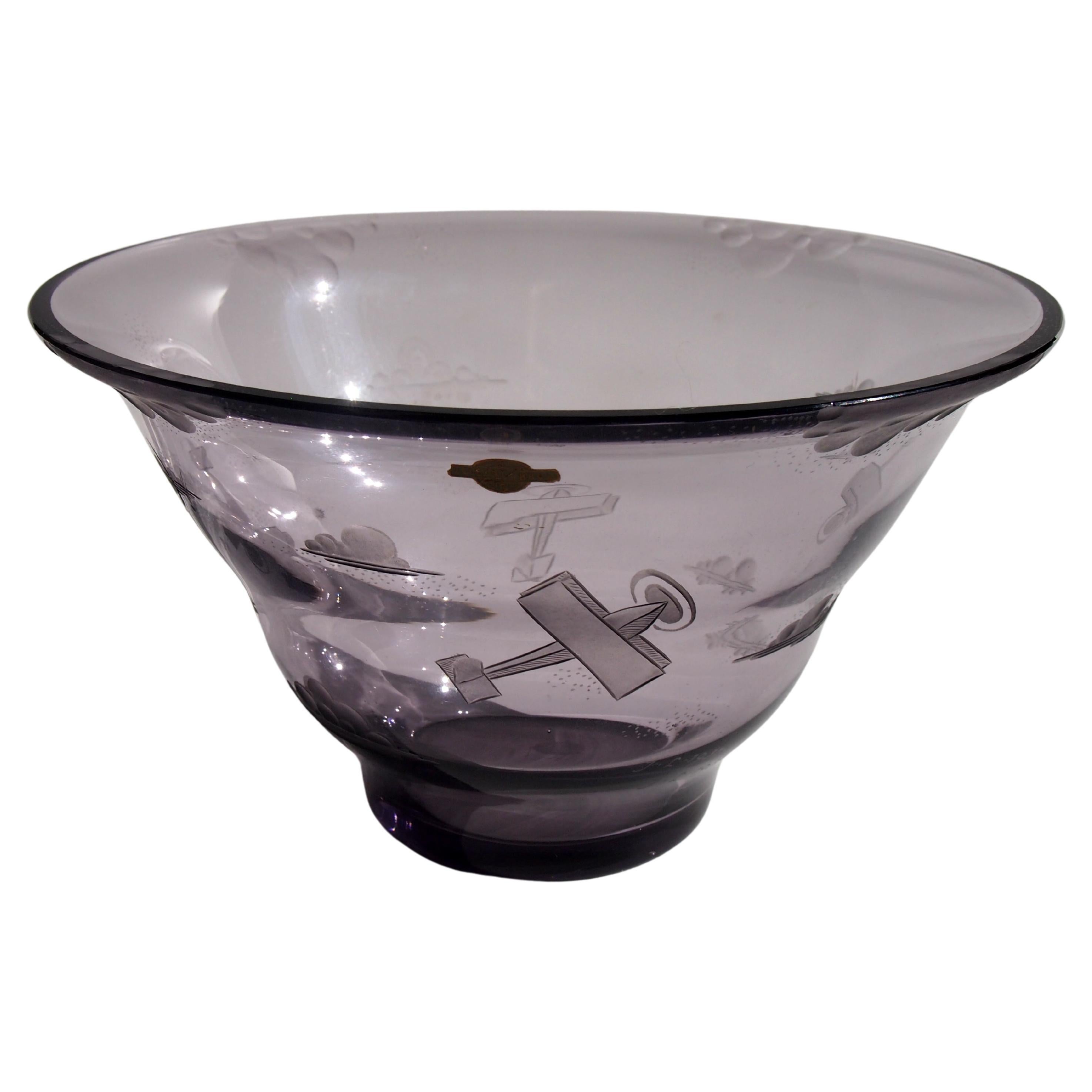 Czech Art Deco Zelezny Brod School Signed and Dated Biplane Glass Bowl For Sale