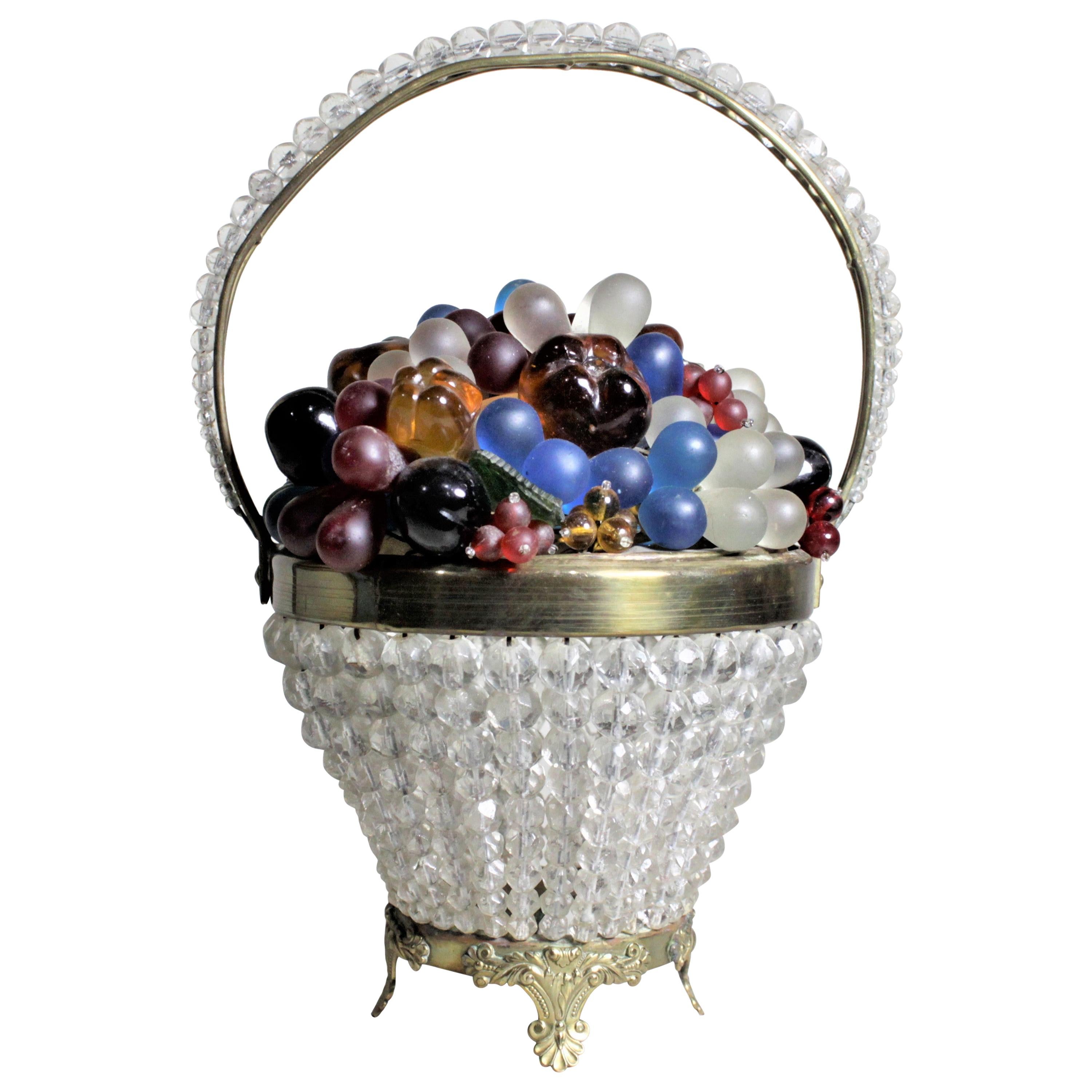 Lampe en verre d'art tchèque figurative en forme de panier de fruits et de fleurs ou lampe d'appoint