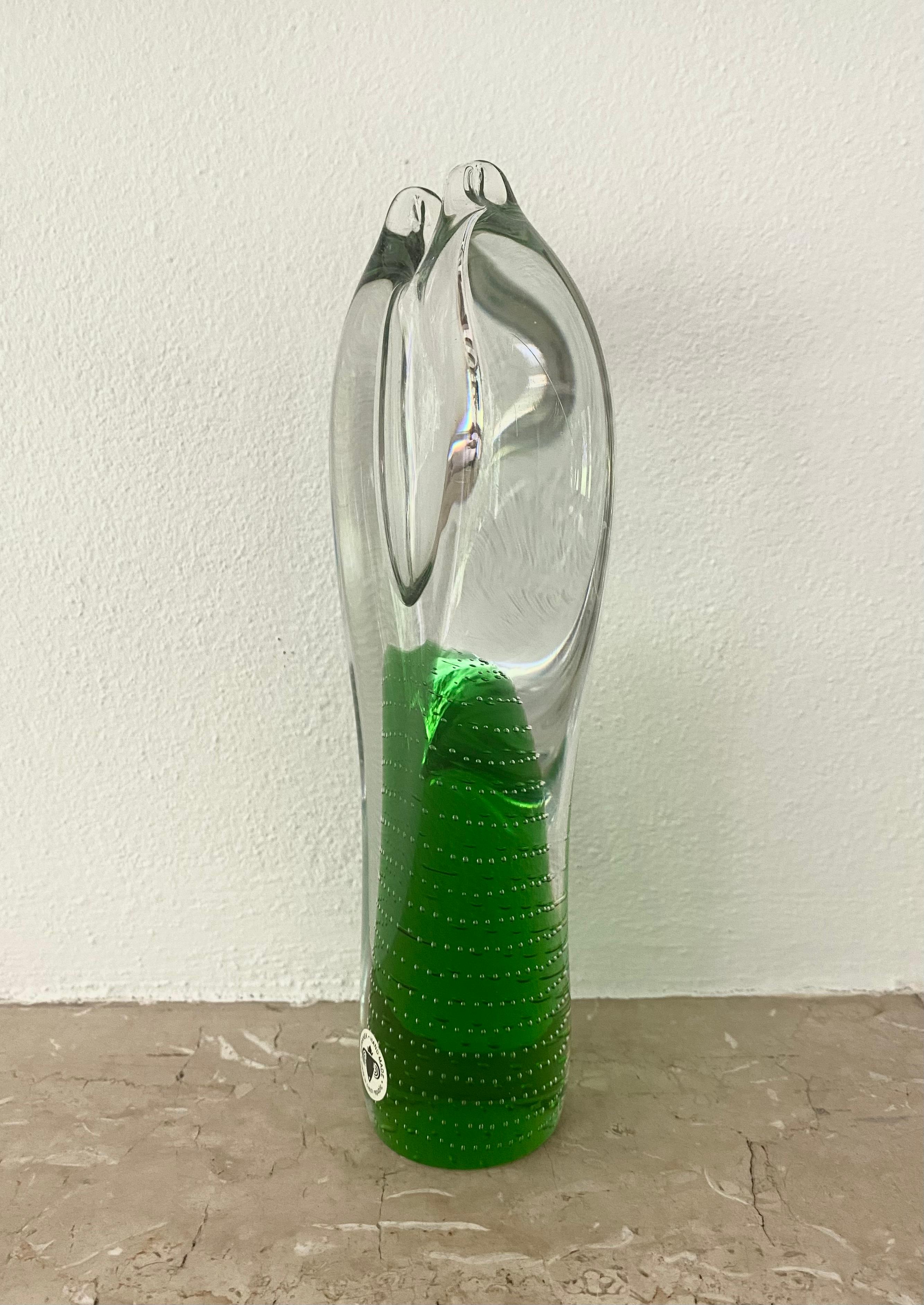 Elegant clear and green bubbleglass vase, which was designed by Pavel Juda in 1985. This Handmade item remains in wonderful condition with only minimal wear, No chips and signed with label. Feel free to make us a reasonable offer.