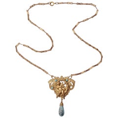 Czech Art Nouveau Gold Tone Cupid Turquoise Stone Pendant Necklace