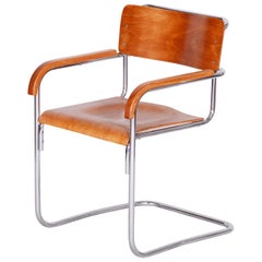 Antique Czech Bauhaus Beech Armchair by Mücke and Melder, Chrome-Plated Steel, 1930s