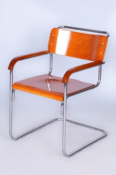Poltrona in faggio in stile Bauhaus ceco di Mücke & Melder, acciaio cromato, anni ’30