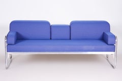 Sofá tubular cromado azul Bauhaus checo de Hynek Gottwald, Nueva tapicería, años 30