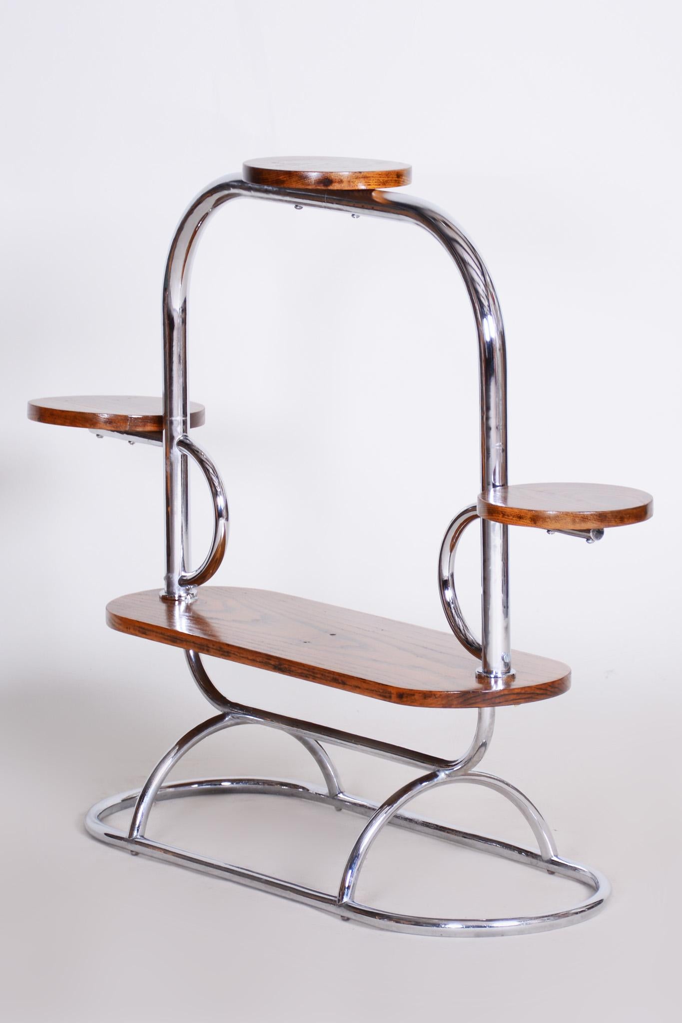 20th Century Czech Bauhaus Chrome Flower Stand Made Out of Oak, Lacquered, 1930s For Sale