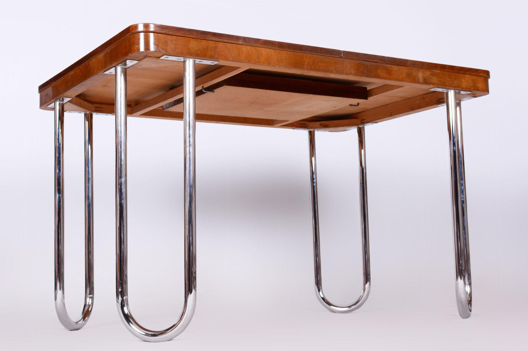 Czech Bauhaus Chrome Folding Dining Table by Halabala, 1930s, Restored, Walnut For Sale 6